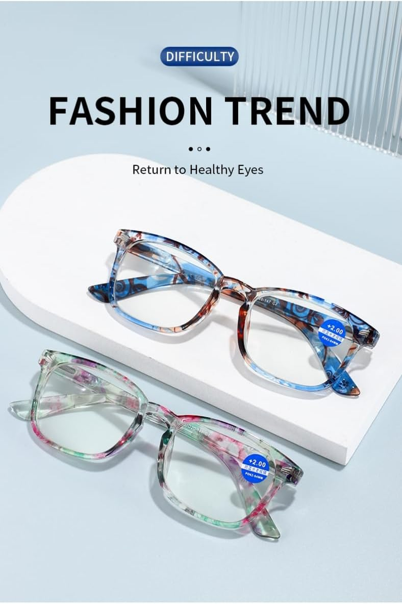 Reading Glasses 2 Pairs Fashion Ladies Readers Magnifying Readers anti Blue-Ray Spring Hinge with Pattern Print Lightweight Comfortable Eyeglasses for Women | Purple Pink Blue Green image number 5