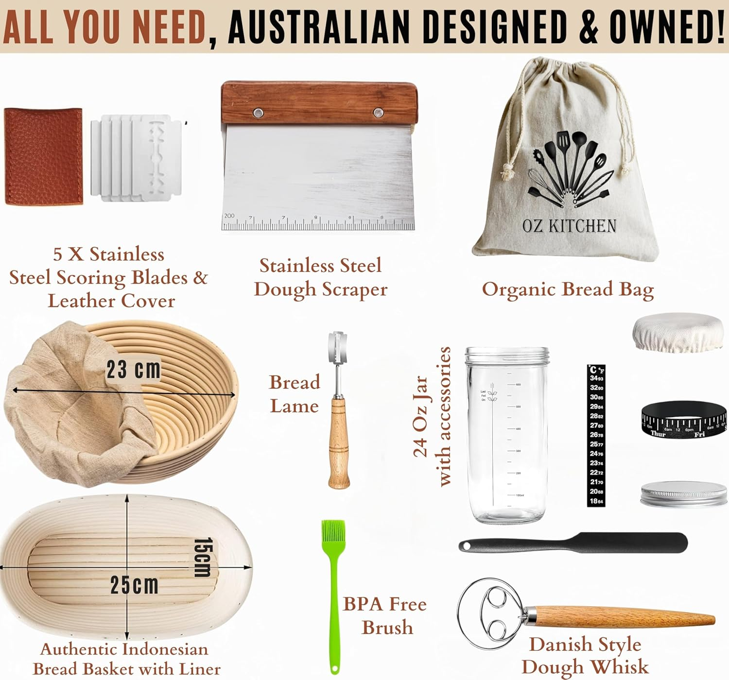 Rattan Sourdough Starter Jar Kit &ndash; Glass Sourdough Jar with Lid, Banneton Bread Proofing Baskets, Whisk, Lame, Scraper & More &ndash; All-In-One Gift Set for Artisan Bread Makers image number 5