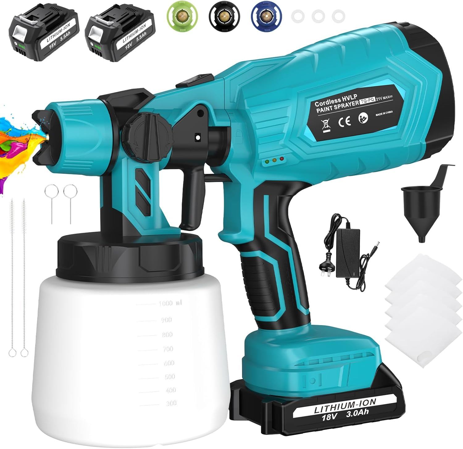Aryee Cordless Paint Sprayer, 18V with 1000ML Container, 2 Batteries, 3 Nozzles, 36000RPM High Power Motor, Multiple Spray Patterns for House and Furniture Painting image number 4
