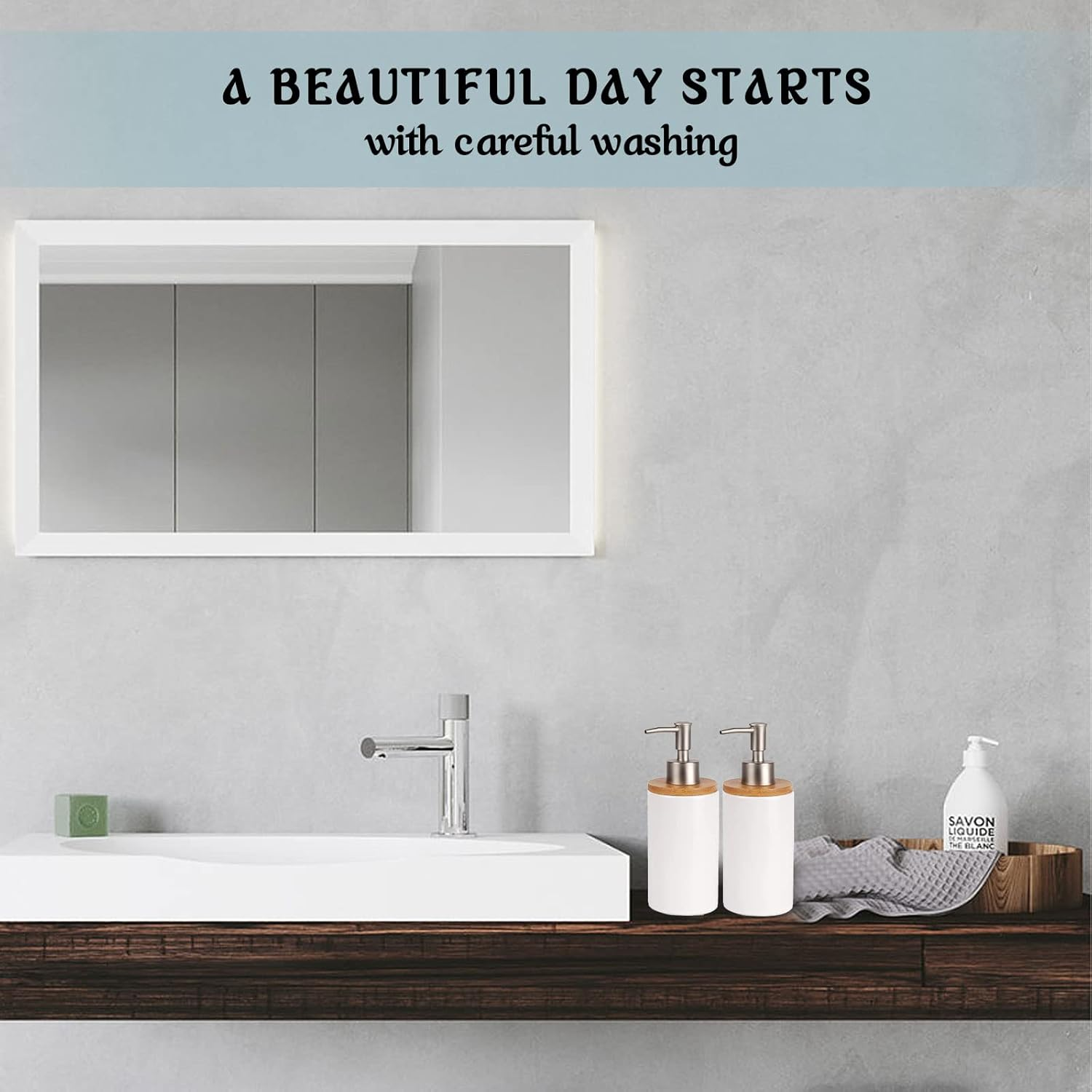 TOWEBOORY 2Pcs Bathroom Soap Dispensers, 13Oz Ceramic Hand Wash Dispenser, Empty Refillable Shampoo Bottles with Pump for Hand Soap, Dish Soap, Lotion (White) - White image number 6