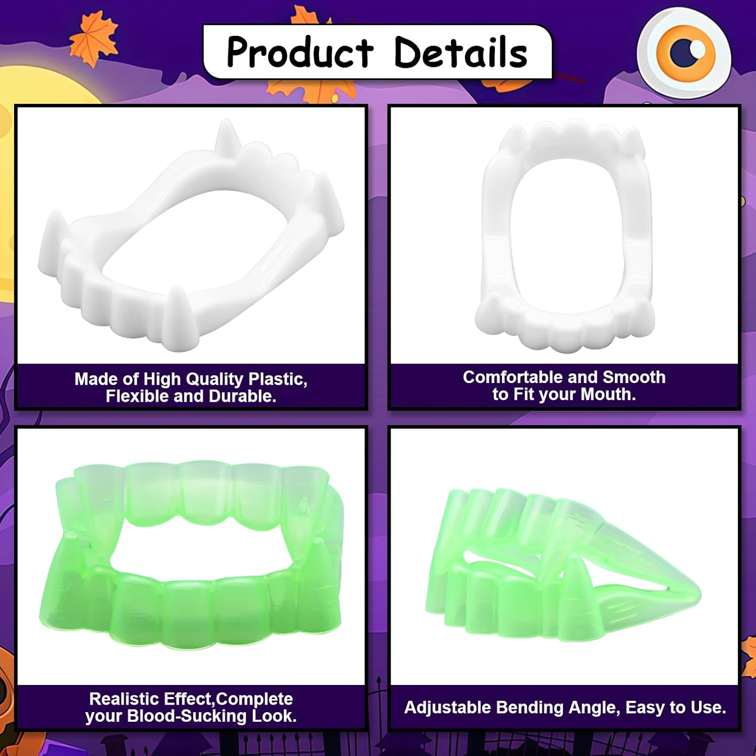 24 Pcs Plastic Vampire Teeth Fake Fangs &ndash; 12 Glow-In-The-Dark and 12 White Vampire Teeth, Halloween Costume Props, Party Supplies and Trick or Treat Accessories image number 1