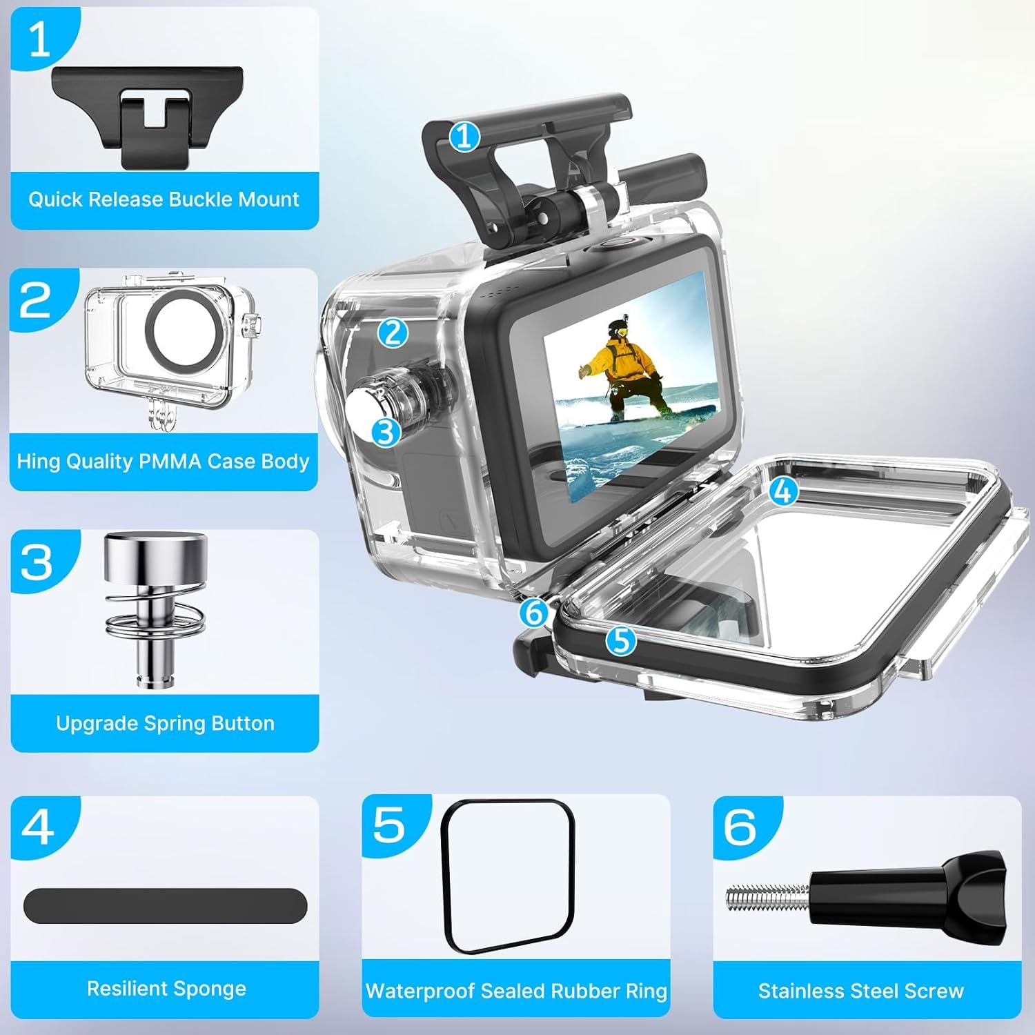 Waterproof Housing Case for DJI Osmo Action 5PRO, Underwater Housing Shell for DJI Action 4/ Action 3 Action, 60M/196FT Protective Underwater Dive Housing Case Shell with Bracket Accessories image number 4