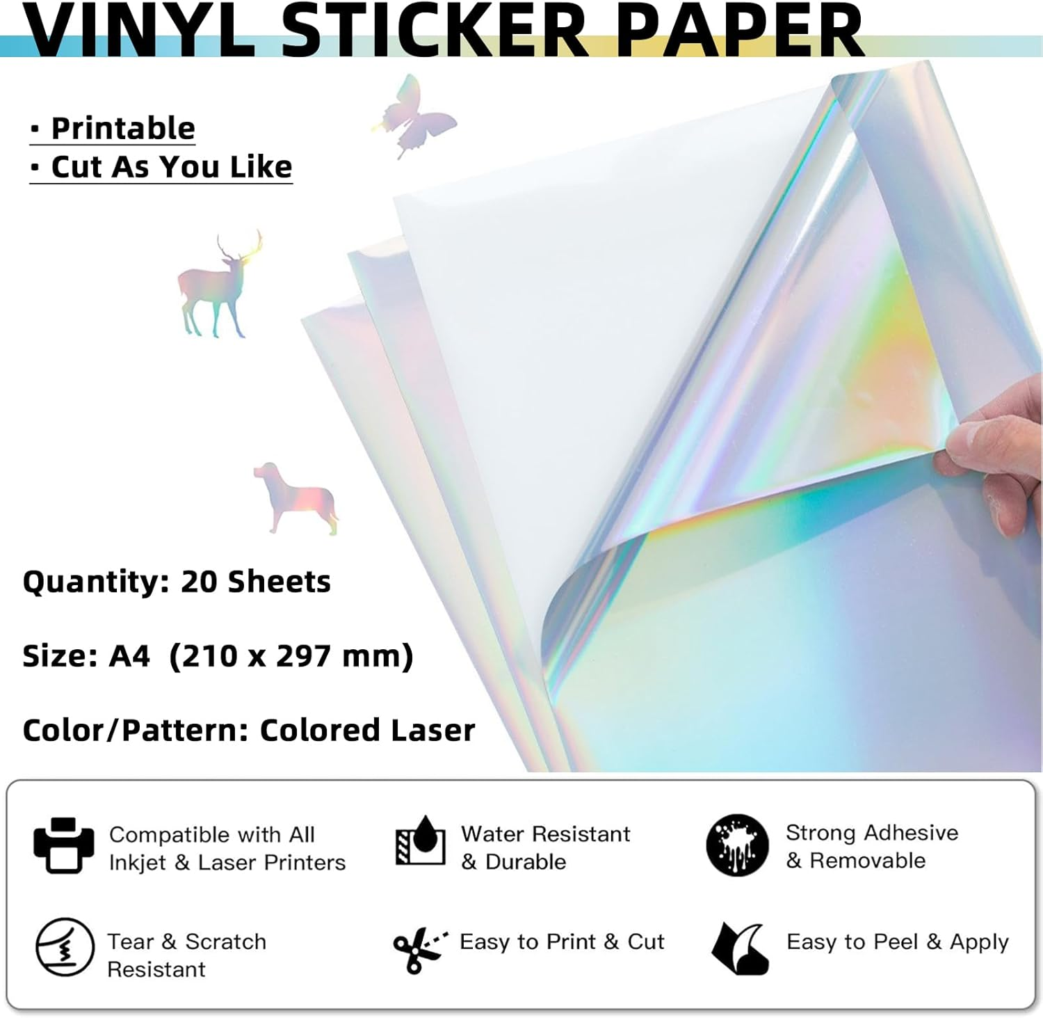 Printable Vinyl Sticker Paper for Inkjet & Printer Laser, A4-21X29.7 Cm - 8.27"X11.69", Waterproof, Arbitrary Cutting, Adhesive Backing, Stable Adhesion (20 Pcs) (Colored Laser) - Colored Diamond image number 6