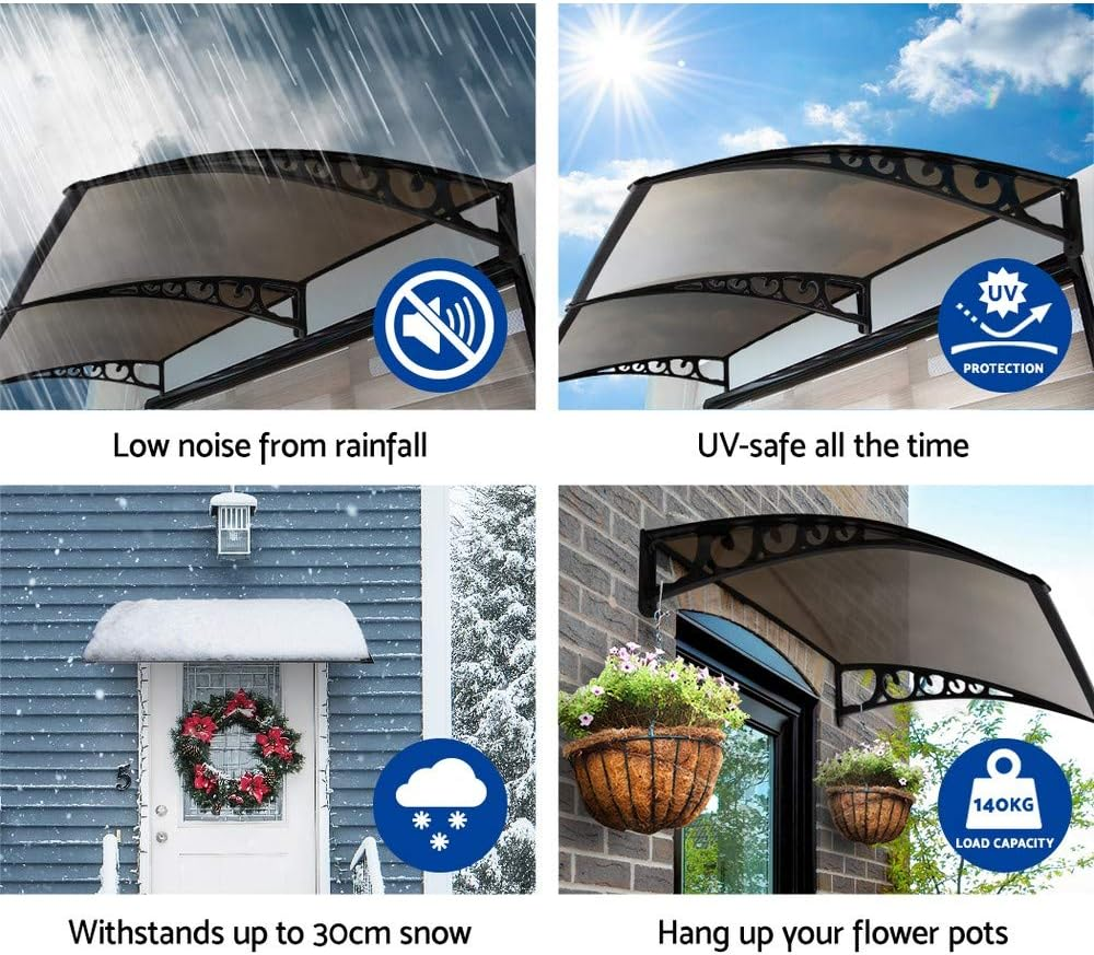 Instahut Window Awning Brown PC Panel with Black Bracket Outdoor Door Canopy Sun Shade Shelter, Patio Terrace Garden Baconly Porch Shield Rain Snow Eaves Cover Protector, 1Mx4M DIY image number 2
