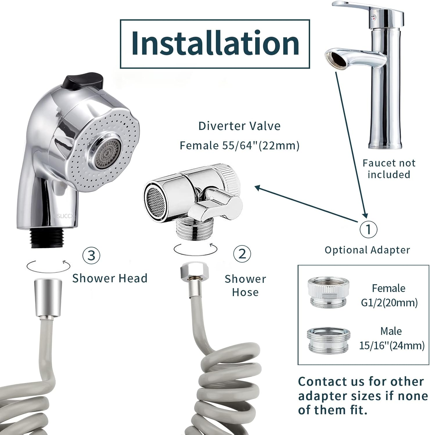 USLICCX Sink Faucet Rinser for Dog Baby Hair Washing Kitchen Bathroom Sink Bathtub Extension Sprayer Set with Recoil Hose & Shower Holder & Water Diverter, Polished Chrome image number 6