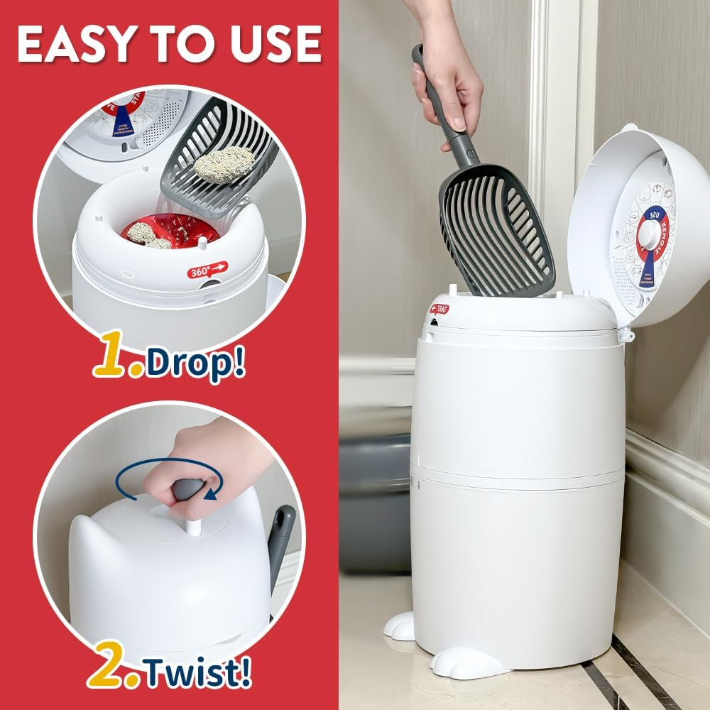 Red Rocket Cat Litter Bin Kitty Twist'R Plus, Odour Free Cat Waste Receptacle with Fast Sift Scoop, Turn Handle Mode Patented Twist Technology, Including 2X Refill Bag 2X Charcoal Sachet