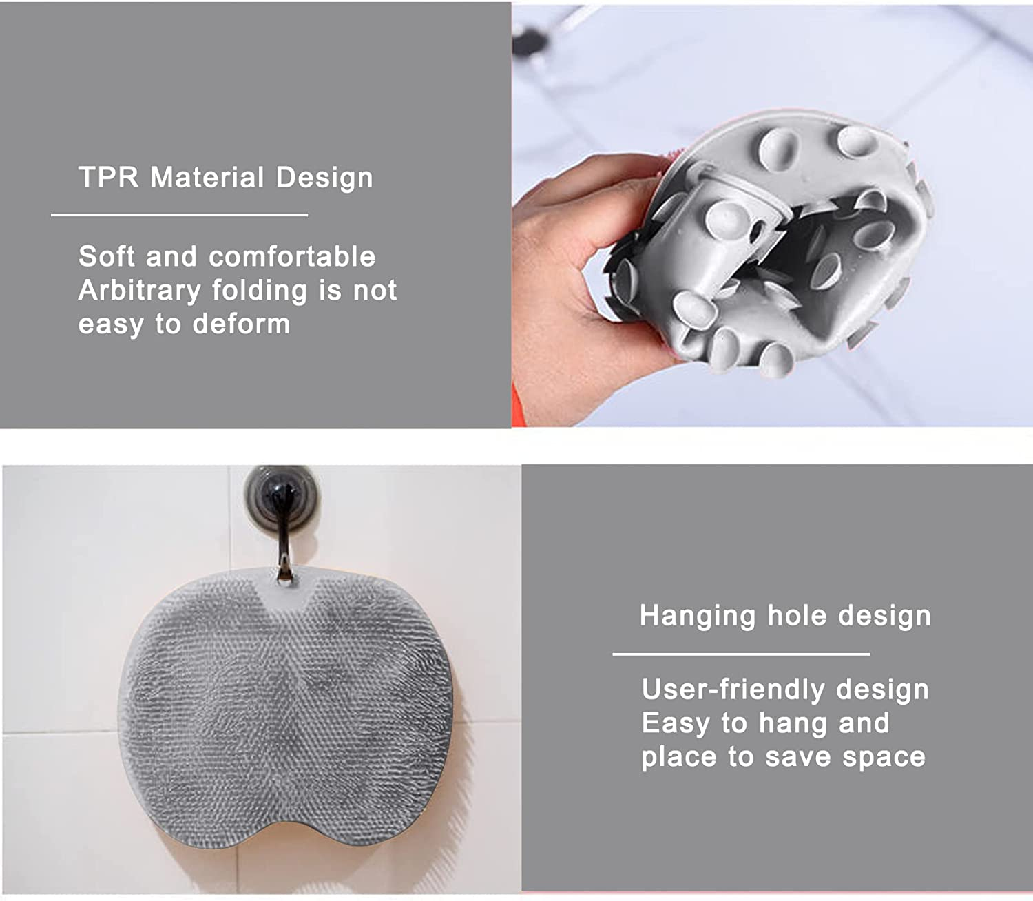 Back/Feet Scrubber for Shower,Silicone Shower Brush with Suction Cup for Cleaning & Exfoliating Skin,Floating Body Long Bristles for Wet or Dry Brushing,Cleans the Body Easily,30&times;25Cm (Gray) image number 4