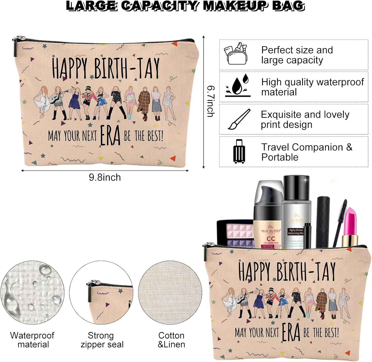 DDPOND Music Lover Makeup Bag Gift &ndash; Aesthetic Travel Cosmetic Bag for Girls & Women, Zipper Pouch for Concerts, Birthdays, Graduation, Toiletry Organizer for Fans, Sisters, Daughters (Light Pink) - Cyan Blue image number 4