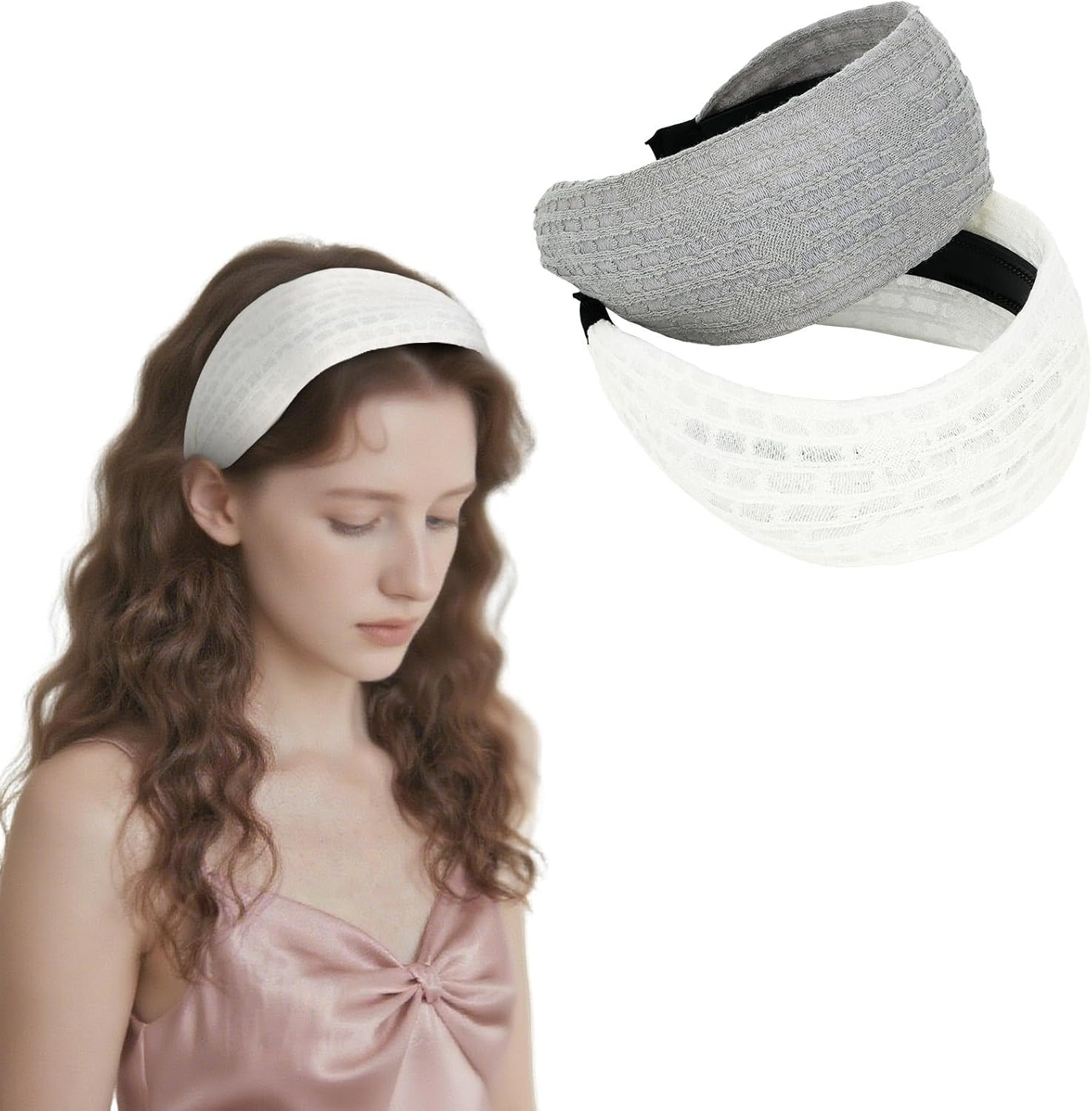 Srotmirw Women'S Wide Headbands, Pack of 2 Alice Bands in White and Grey for Women and Girls in Everyday Use image number 3