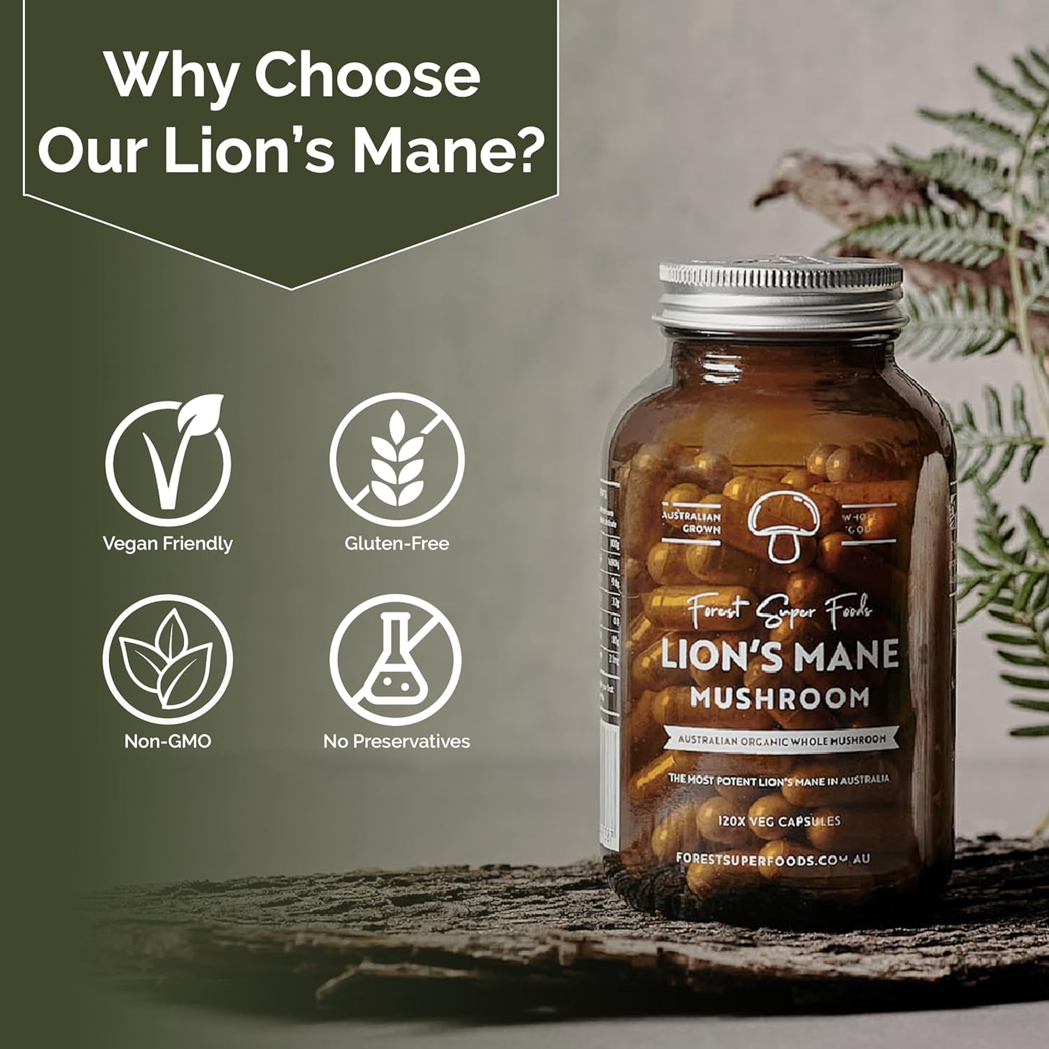 Forest Super Foods Australian Grown Lions Mane Medicinal Mushroom Capsules | Whole Food | Full Spectrum | Freeze Dried | 120X Capsules image number 2