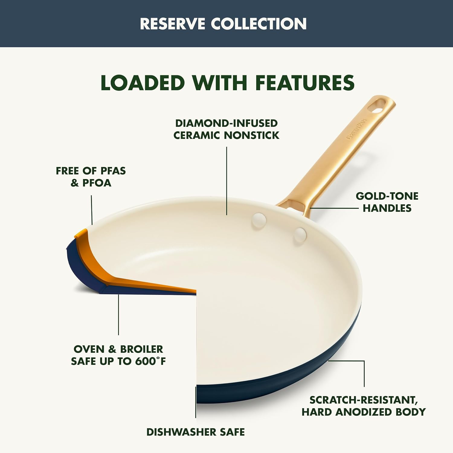 Greenpan Reserve Hard Anodized Healthy Ceramic Nonstick 8" 10" and 12" 3 Piece Frying Pan Skillet Set, Gold Handle, Induction, Pfas-Free, Dishwasher Safe, Oven Safe, Twilight Blue image number 3