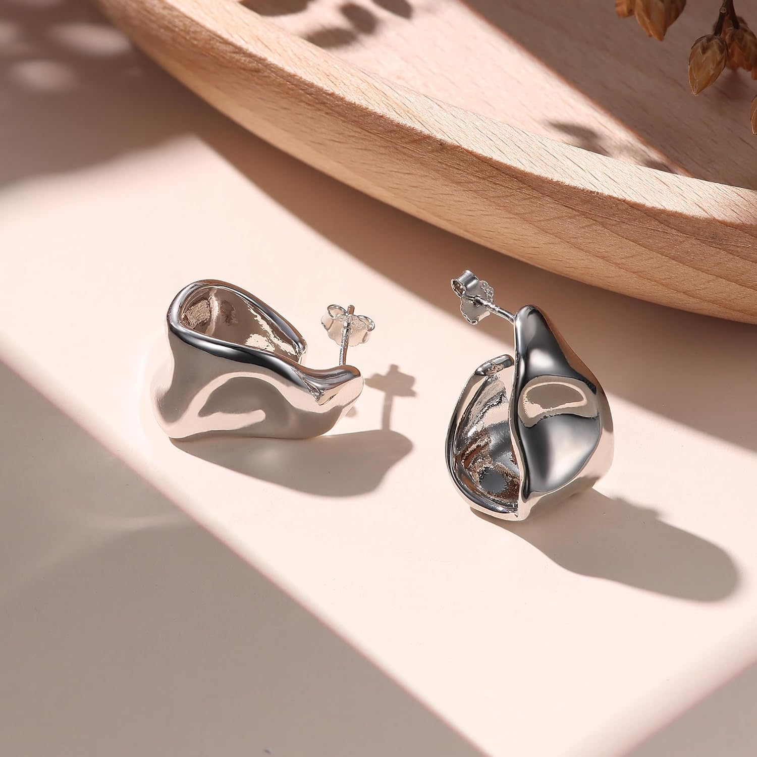 Sanfenly Chunky Gold Earrings for Women - 925 Sterling Silver Hoops, 14K Gold Plated Studs, Hypoallergenic Open Huggie Teardrops, Statement Studs, Metallic Gold Silver Hoops image number 5