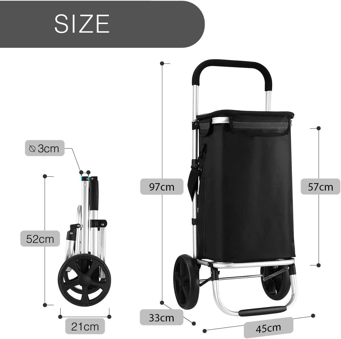 Waterproof Shopping Cart Foldable Trolley Aluminium Grocery Bag with Wheels Black 45L image number 1