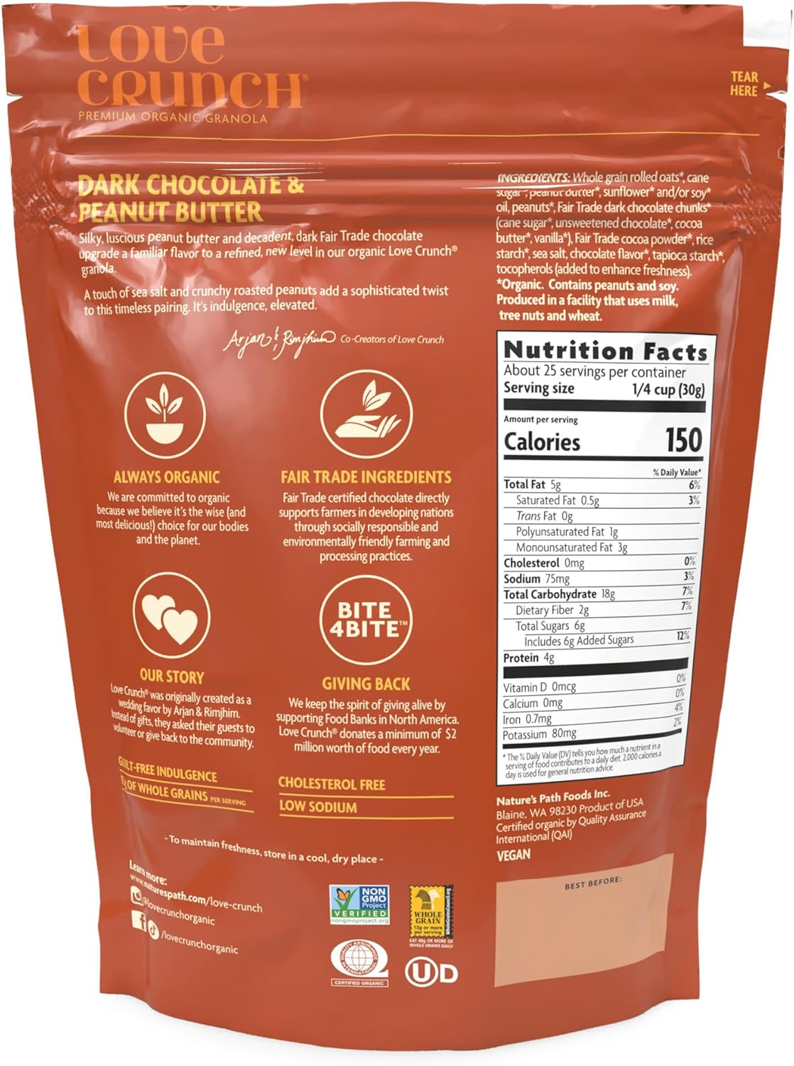 Love Crunch Organic Dark Chocolate & Peanut Butter Granola, 26.4 Oz (Pack of 1), Non-Gmo, Fair Trade, by Nature'S Path image number 4