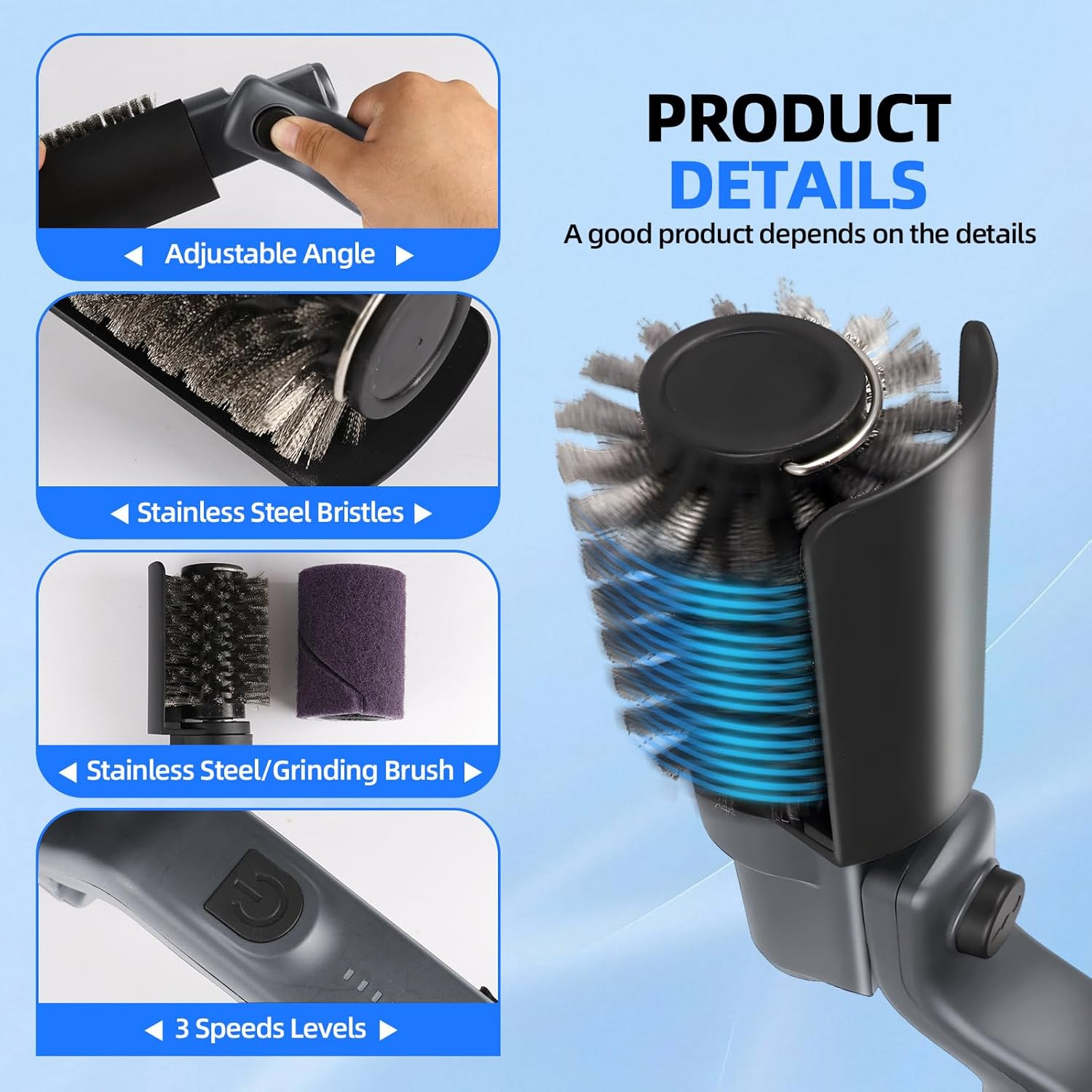 Upgraded Electric Grill Brush, Cordless Rechargeable Grill Cleaning Brush with Adjustable Angle, Stainless Steel Brush Head, 3-Speed Power, 90-Min Runtime, Waterproof Cleaner for BBQ Grates (Gray) - Black image number 3