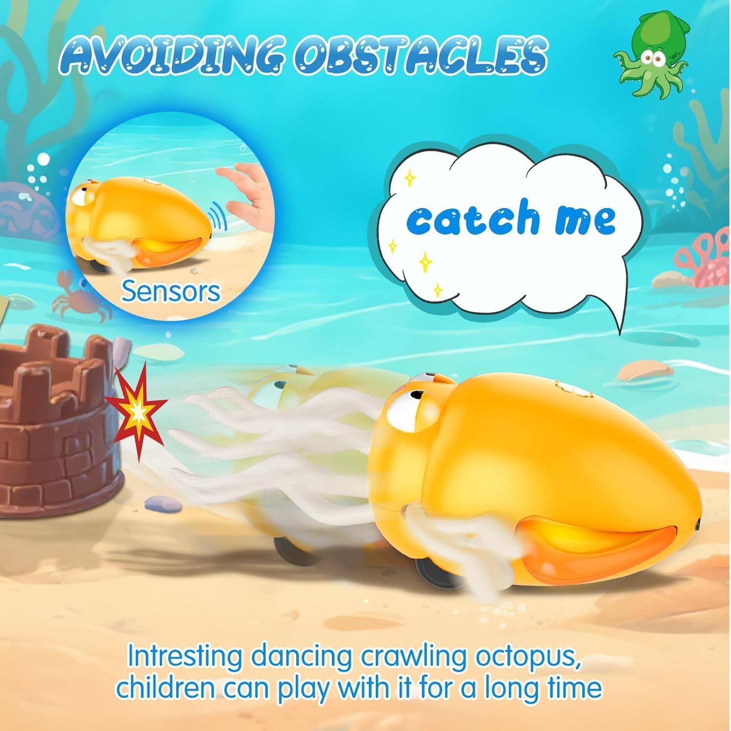 Dancing Octopus Baby Toy, Electric Crawling Octopus Tummy Time Toy, Rechargeable Magic Dancing Music Squid for Kids Boy Girl Birthday Gifts, Funny Squid for Office Desk Decor (Yellow) - Yellow image number 2