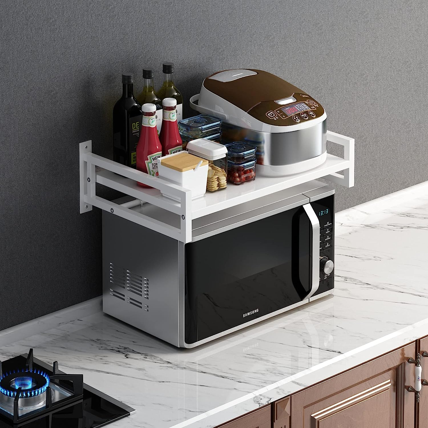 ABCOOL Wall Mount Microwave Oven Shelf Rack for Kitchen Home, Carbon Steel Counter Countertop Holder with Hook Rail and 3 Slidable Hooks - Black image number 2