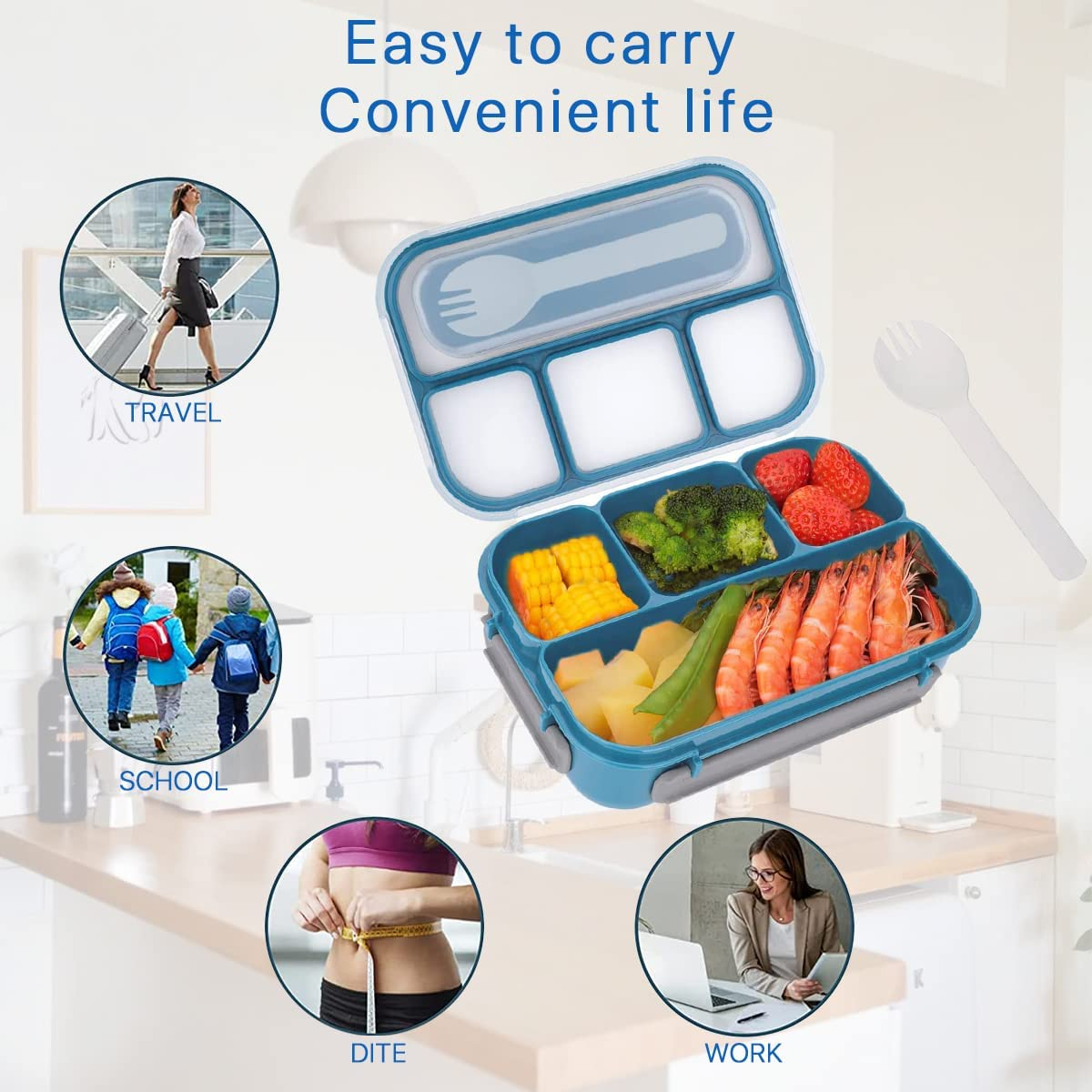 Bento Lunch Box, 1300Ml 16 Pcs Bento Box Adult Lunch Box,4 Compartment Bento Box Lunch Box Containers, Leak-Proof,Microwave/Dishwasher/Freezer Safe (Blue)