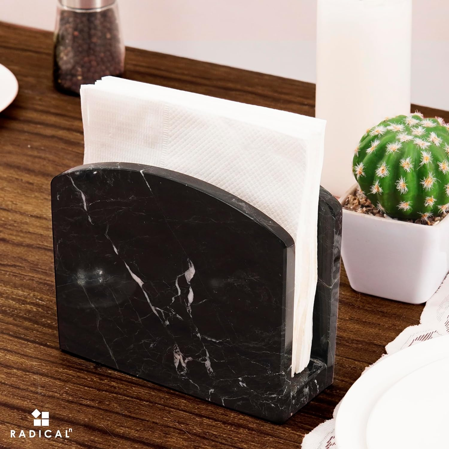 Radicaln Marble Napkin Holder 5.5" Inch Black Handmade Serviette Holder - Kitchen Table Top Decor, Napkins for Coffee Table, Cocktail Napkin Holder, Kitchen Accessories - Black image number 2
