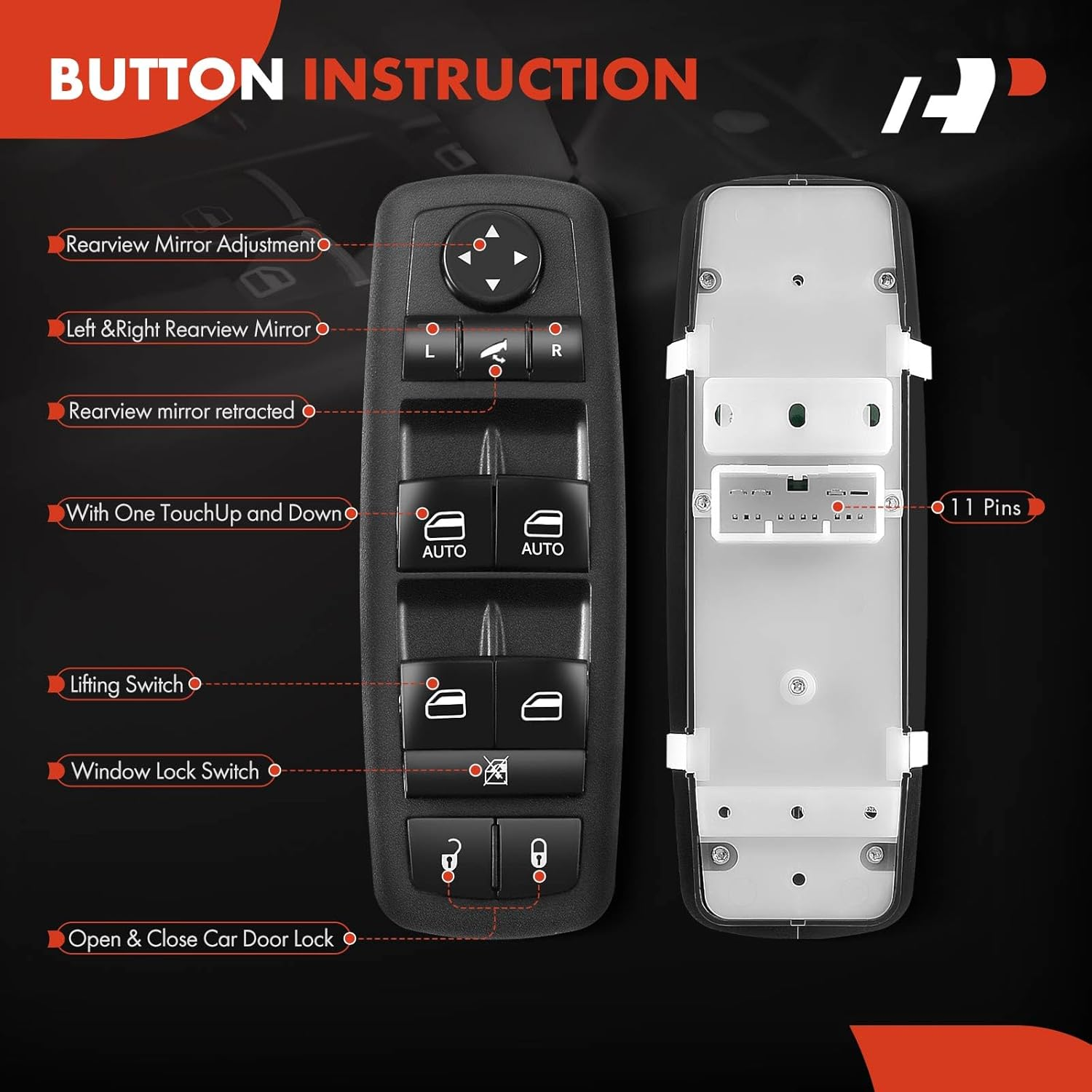A-Premium Power Master Window Switch Compatible with Jeep Grand Cherokee 2014 2015 2016 2017 2018, with Power Folding Mirrors, with Dual Auto, Front Left Driver Side, Replace# 68184803AC