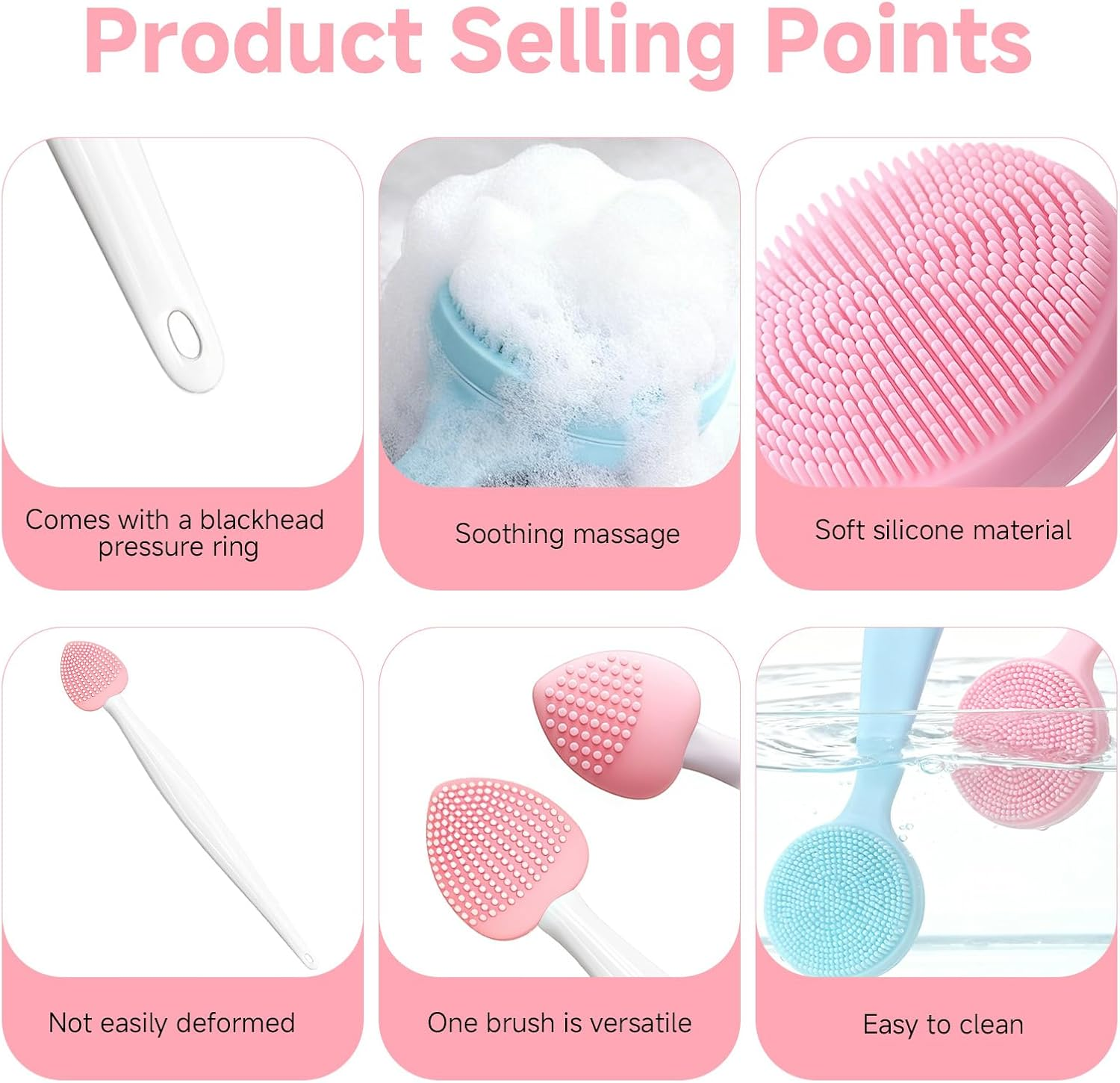 Teccfly 5Pack Silicone Face Scrubber with Handle, 2 Face Scrubber 2 Blackhead Brush 1 Mask Brush, Gentle Facial Exfoliator Waterproof Brush for Daily Deep Cleansing Sensitive Skin image number 6