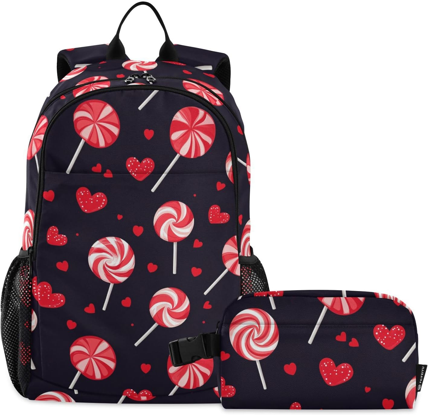 Lollipop Vintage Valentine'S Day Red Black Boys Backpacks with Lunchbox Bookbags with Lunchbox for Boys Boy School Backpack with Lunch Box 10-12, Lollipop Vintage Valentine'S Day Red Black, 1 image number 2