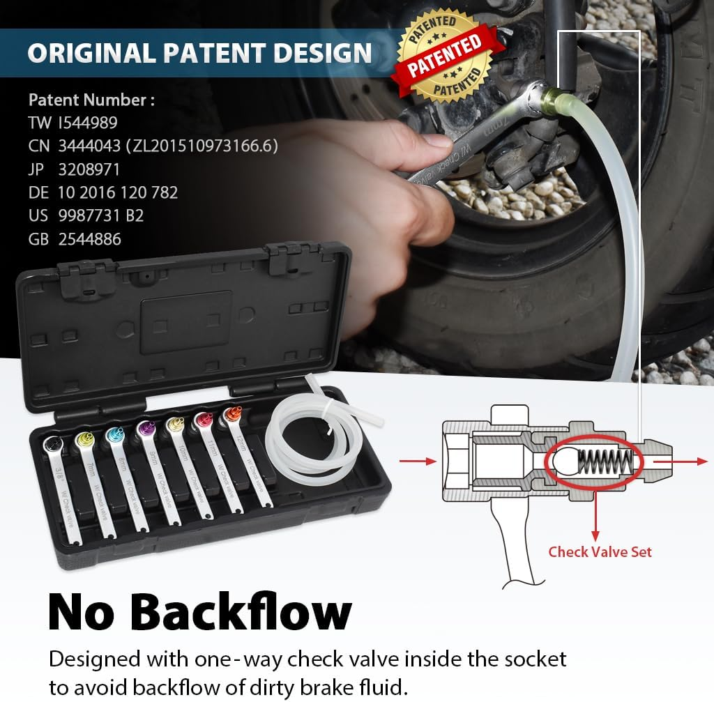 FIRSTINFO F35232 Patented Brake Bleeder Wrench Set 7-12Mm & 3/8-Inch 6 Point Socket Brake Bleeding Wrench Built-In One-Way Check Valve with Oil Drain Hose image number 6