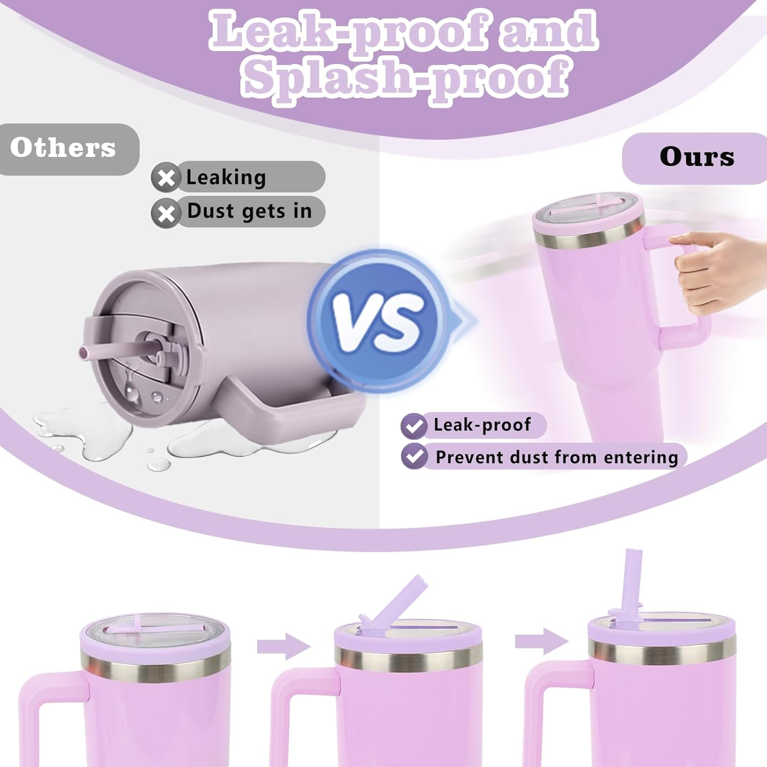 Viiotu 8 Pcs 40 Oz Spill Proof Tumbler Flip Straw Lid Replacement Fit for Stanley Quencher, Reusable Accessories with Straw Cleaner Brush, Silicone Straw for Stanley Cup (Purple) image number 6