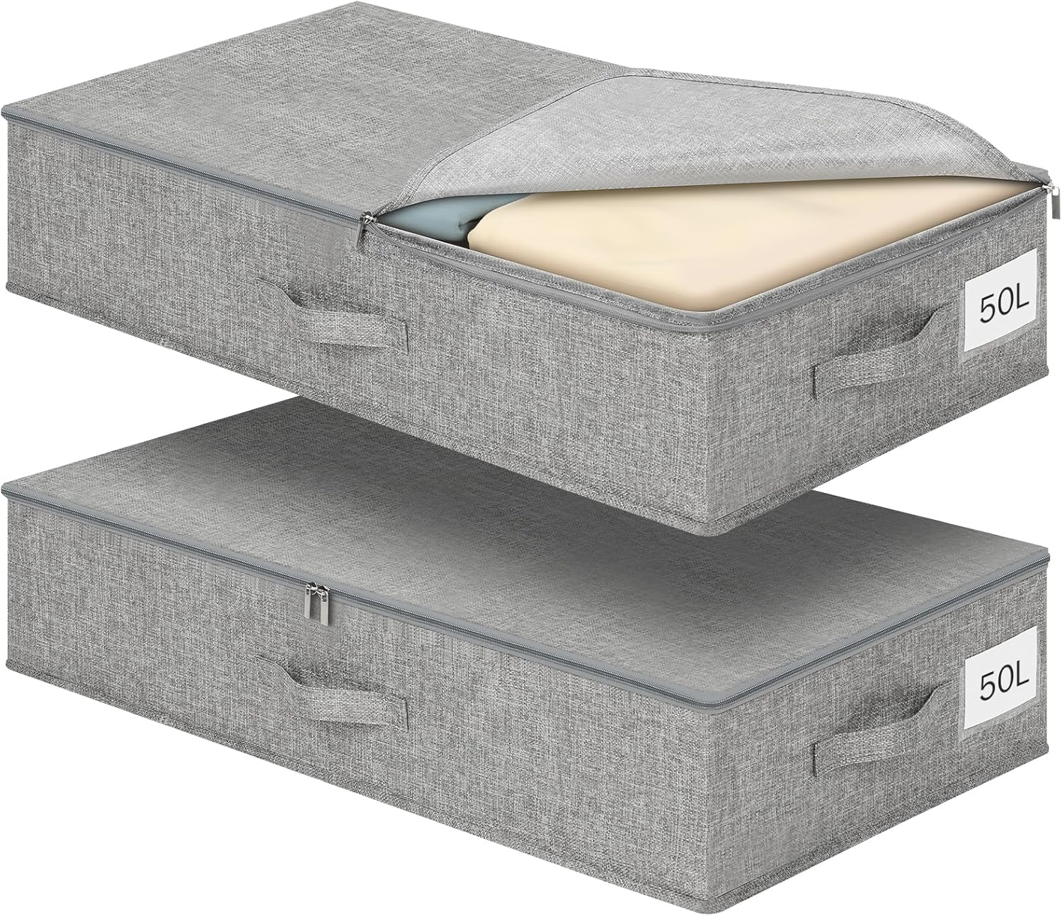 Romon Storage Box with Lid, Pack of 2, 50 L Underbed Storage and Organisation, Made of Reinforced Linen for Dresses and Bedding, Foldable Large Underbed Storage with Label Compartment, Grey image number 6