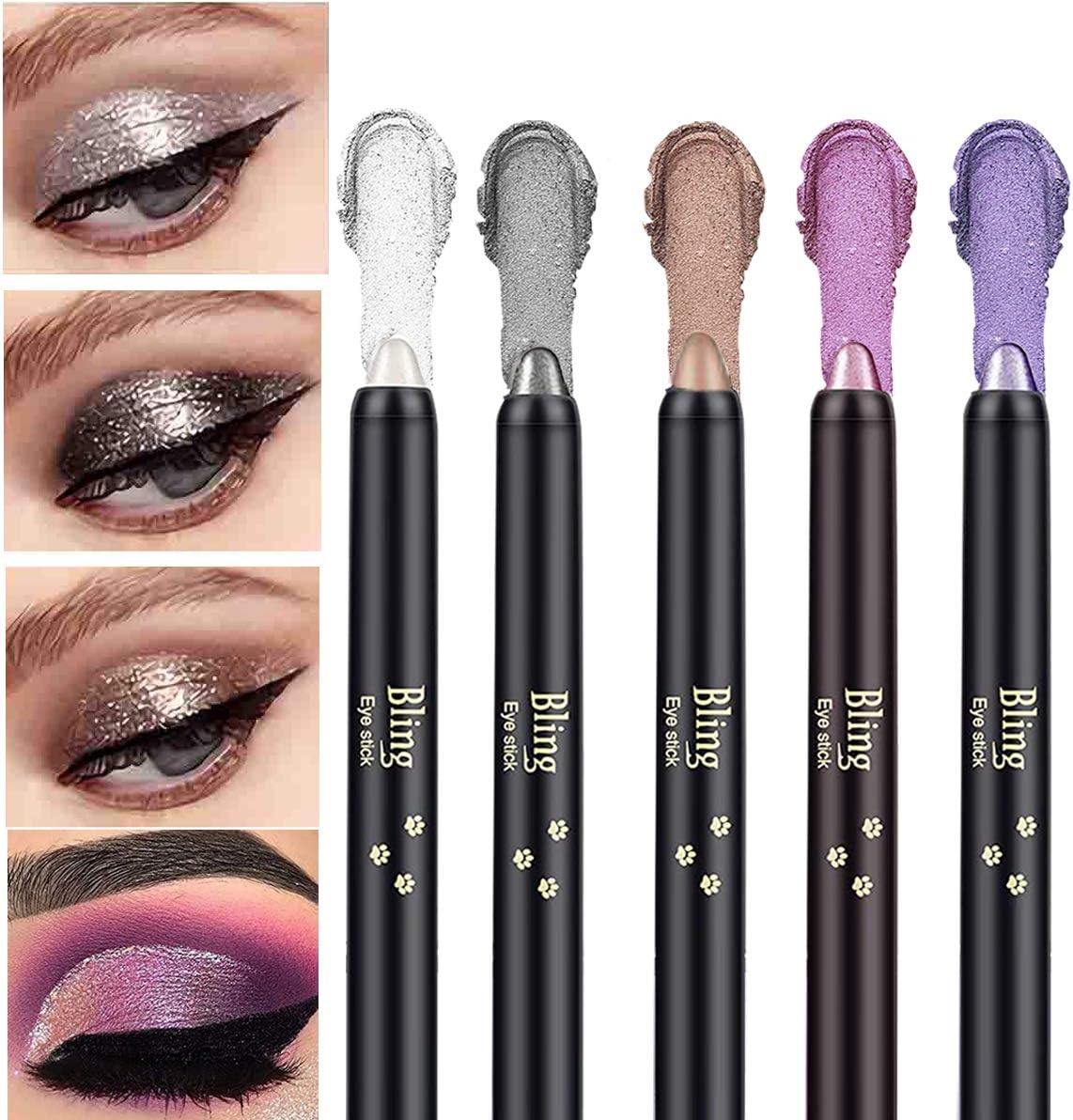 Wimode 5PCS Eyeshadow Stick Bright Light Shimmer,Nautral Cream Eyeshadow Pencil Highly Pigmented Eye Shadow,Waterproof & Long Lasting Glitter Eyeshadow