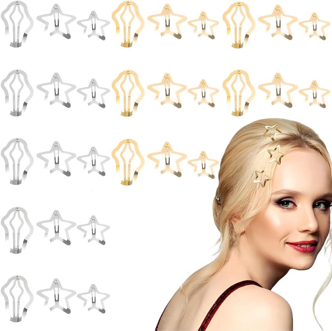 VEOIRXU Pack of 30 Mini Hair Clips 24 Star Hair Clips + 6 Clouds Hair Clip Star Hair Clip Clouds Hair Clip Hair Accessories Pentagram Metal Snap Headpiece for Children Girls and Madame (Gold + Silver) image number 2