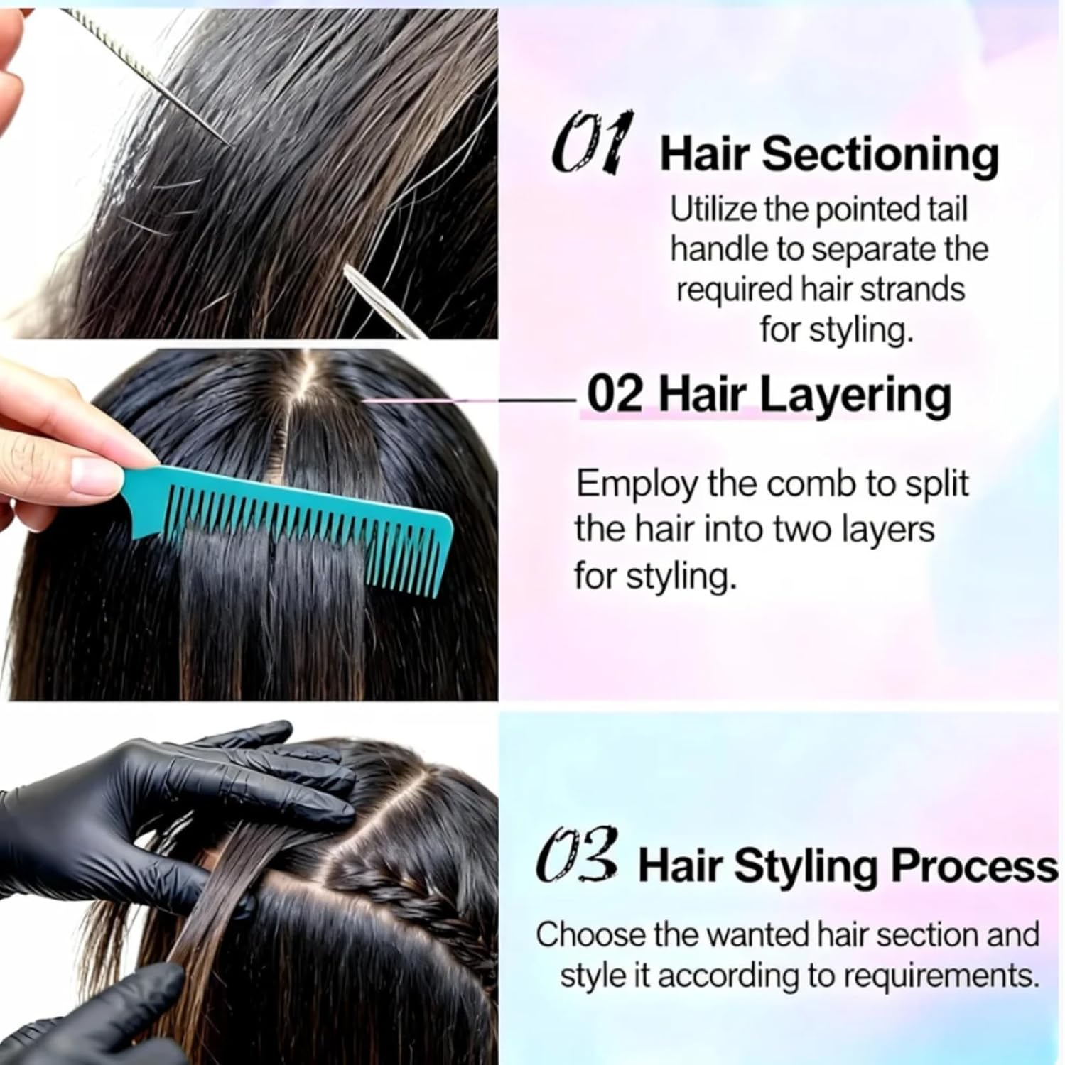 CKONXE 7Pcs Premium Highlighting Tail Combs Set,With Pastel Alligator Clips,Weaving Styling with Rat Tail Comb Teasing Foiling Combs Heat Resistant for Hair Salon Barbershop Home,Fine-Toothed Comb image number 1