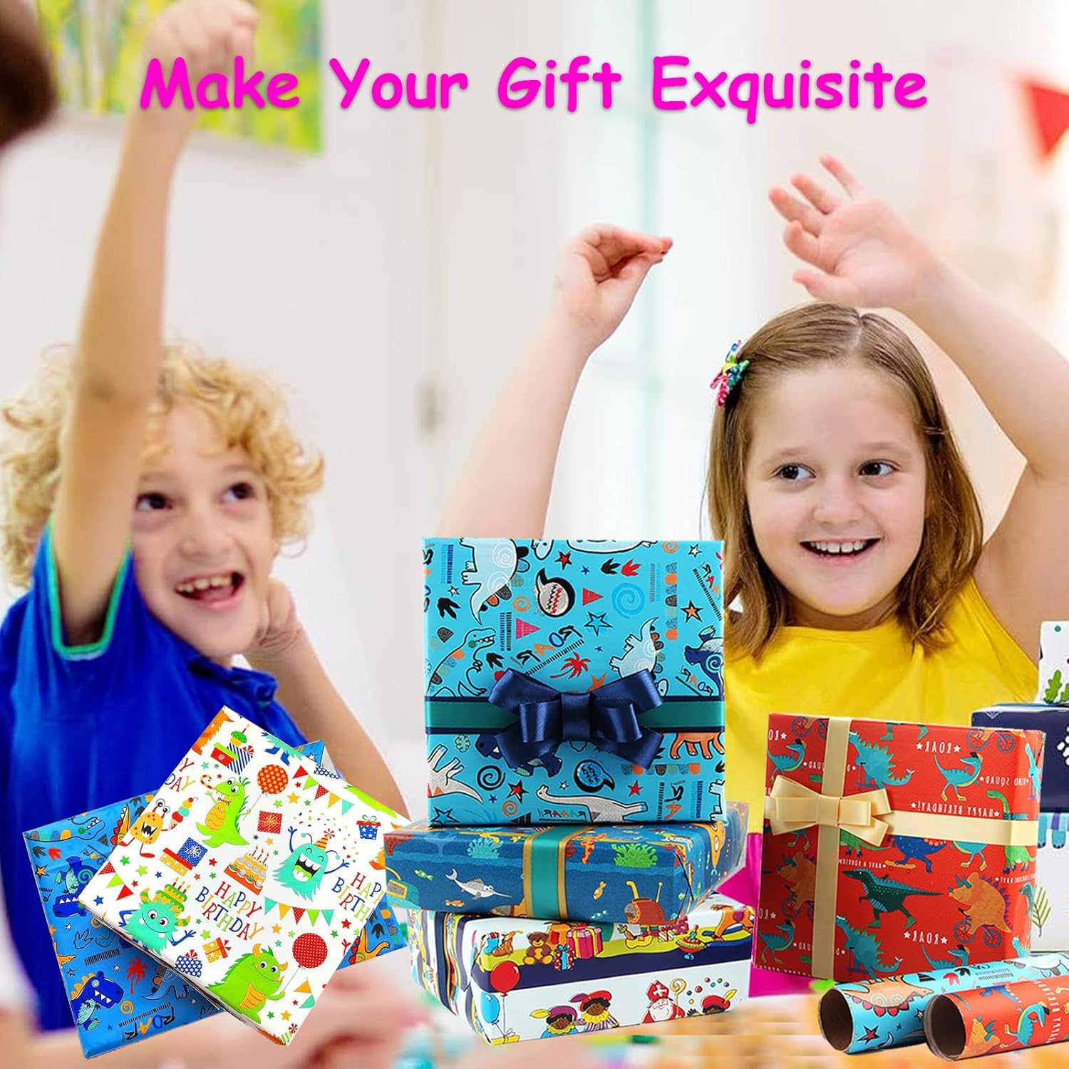 YQQZQ Cute Birthday Wrapping Paper,8 Sheets Assorted Cute Patterns Gift Wrapping Paper for Boys and Girls Christmas Birthday Party Decoration(50 * 70CM) image number 2