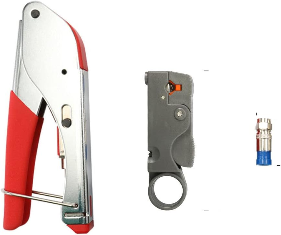 ZONADA Compression Crimper Stripper Set F-Type Hand Crimping Tool Rotary Coaxial Cable Crimping Stripping Cutting Pliers RG59 RG6 TV AV Cables Crimp Cutter with 20 Connectors image number 4