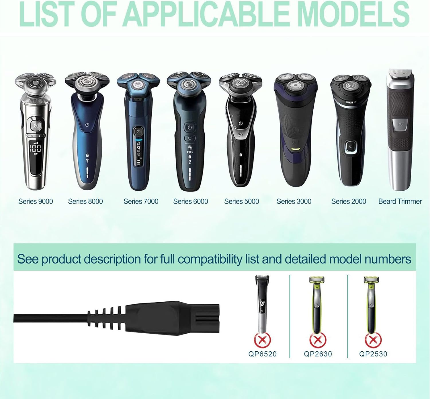 15V 5.4W Cable for Philips Trimmer Charger Fit for Philips Shaver HQ8505 HQ RQ QG RQ QT at PT Series, Cord for Multigroom Beard Trimmer, Electric Shaver Charger Power Adapter Supply image number 5