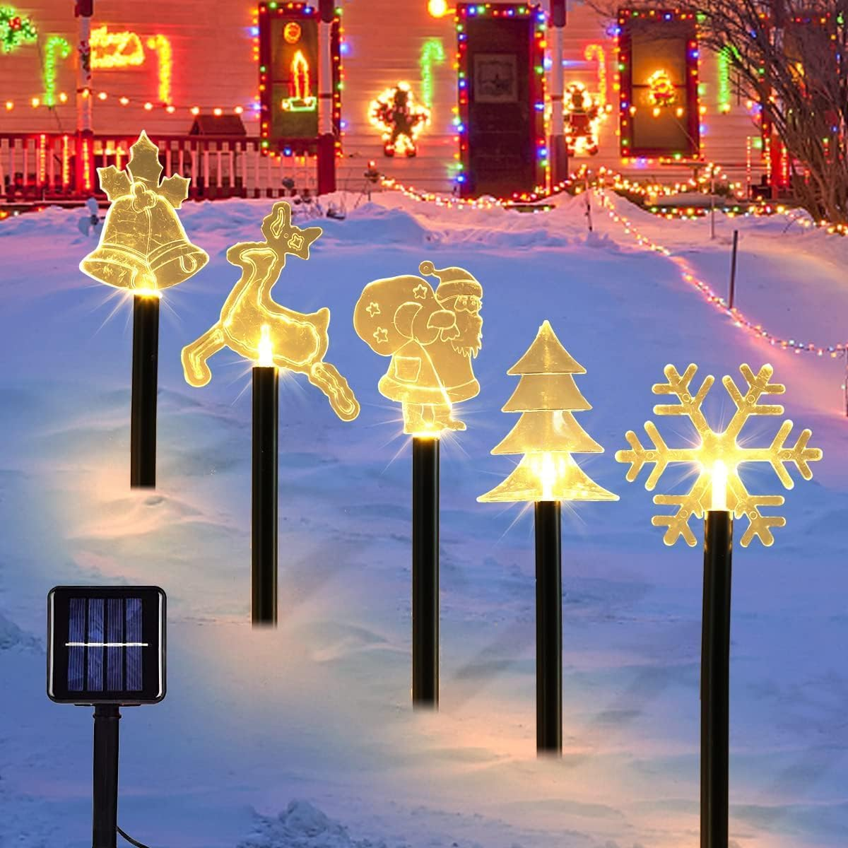 5 Pack Outdoor Solar Garden Pathway Stake Decorations Lights, Landscape Reindeer Santa Claus Christmas Tree Bell Lights Yard Lawn Walkway Winter Holiday Decor, Xmas Ornament Gifts(Combined Type) image number 1