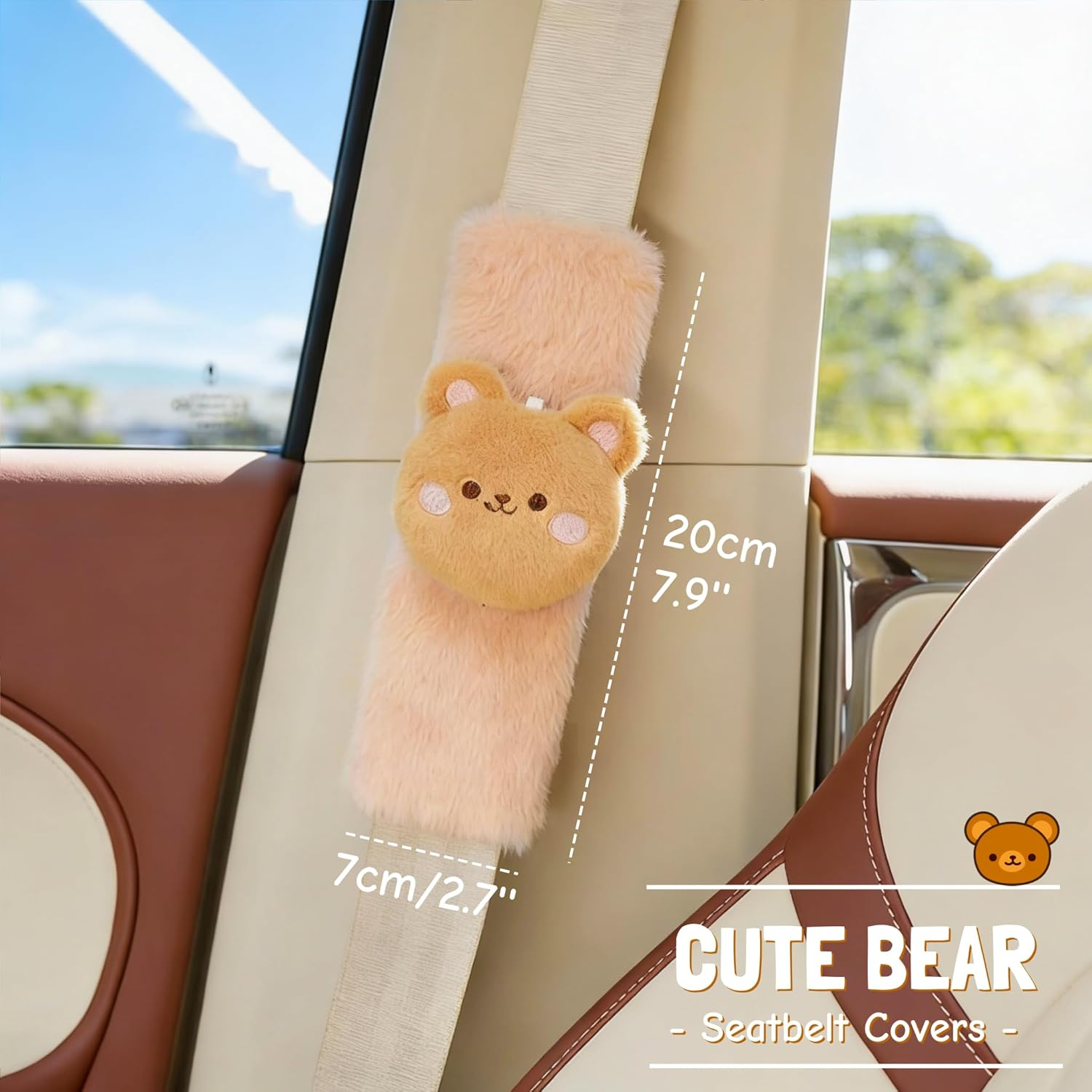 2 PCS Seat Belt Cover Pad, Cute Kawaii Cartoon Seatbelt Covers for Kids and Women, Winter Plush Fluffy Soft Seat Belt Cover, Bunny Dog Bear Seatbelt Cushion,Car Seat Strap Pads (F-Bear) image number 4