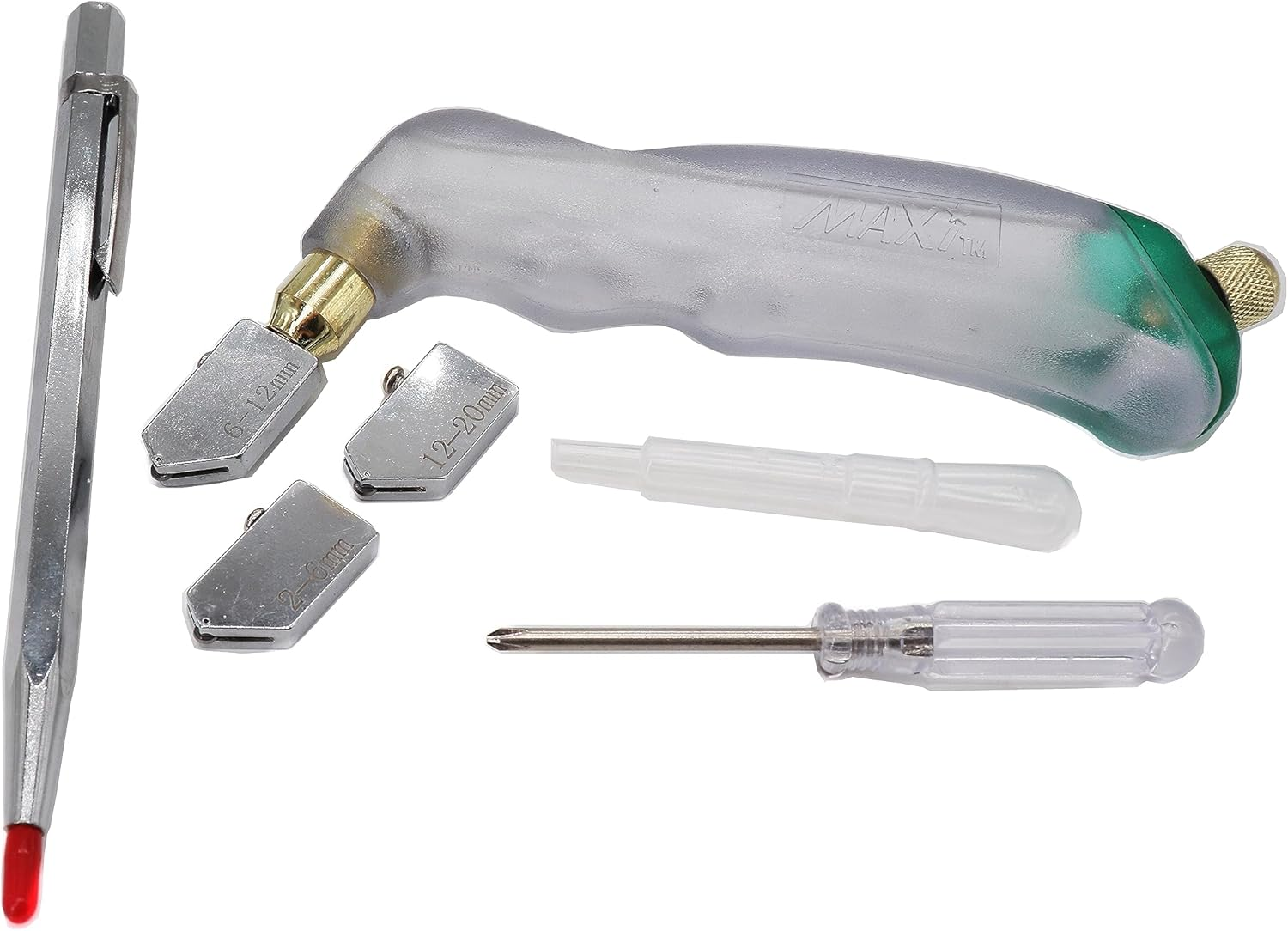 Glass Cutting Tool Kit with Pistol Grip Oil Feed Glass Cutter, 3 Pcs Replacement Head(3Mm-12Mm, 6Mm-19 Mm) Tungsten Scribe Engraving Pen, Screwdriver and Oil Dropper