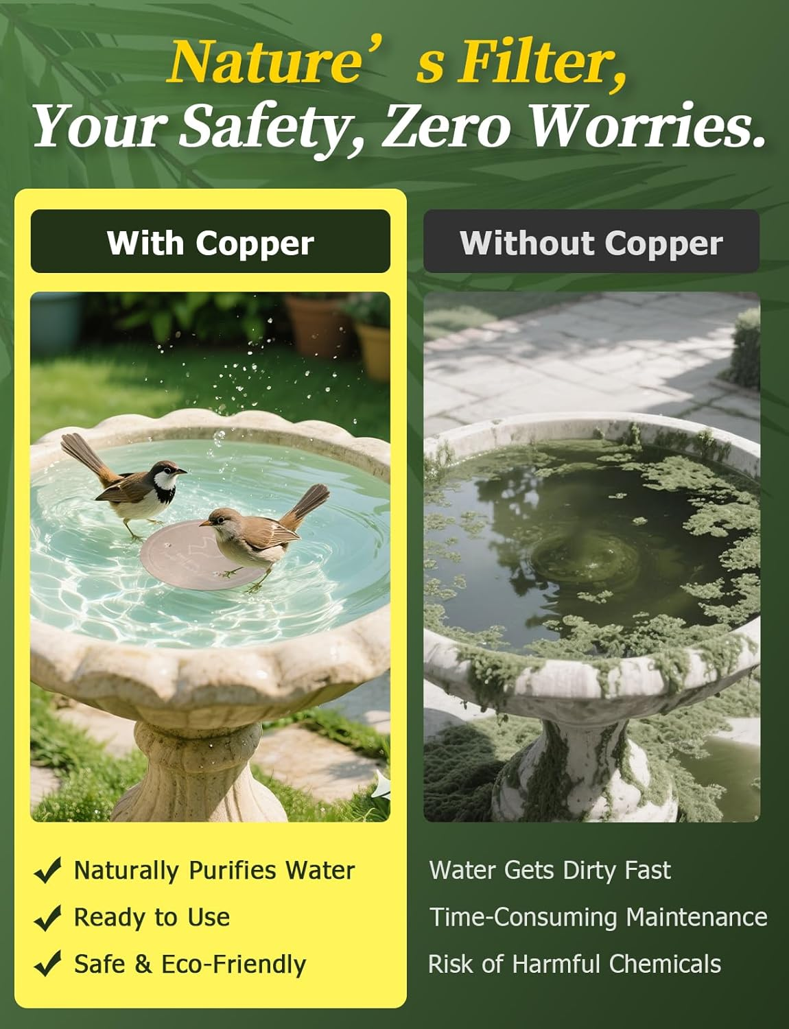 Mellbree Bird Bath Copper Disk, 0.6Mm Reinforced 99.99% Pure Copper Cleaning Disk with Triple-Point Support for Physical Safe Clean Water All-Season, Universal Fit for Outdoor Birdbaths, Bowl image number 3