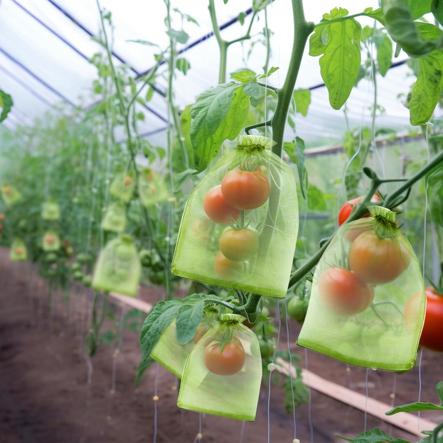 50 PCS 8X12 Inches Fruit Protection Bags, Fruit Bags for Fruit Trees, Green Netting Fruit Cover Bags Drawstring Mesh Fruit Protectors Pest Barrier for Fruit Trees Veggies Garden image number 5