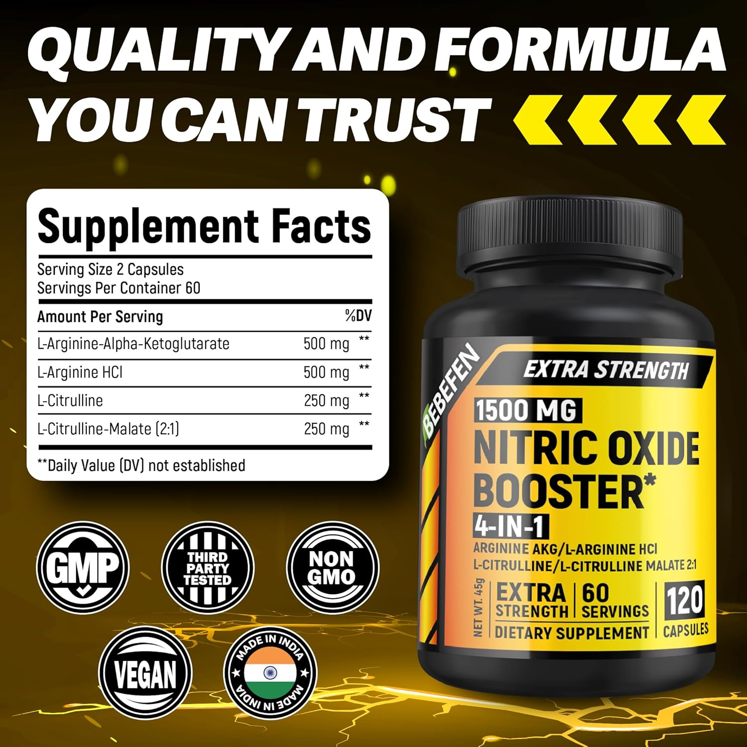 Nitric Oxide Supplement - L Arginine and L Citrulline Blend - 120 Count - Vegan, Non-Gmo - 2 Month Supply image number 1