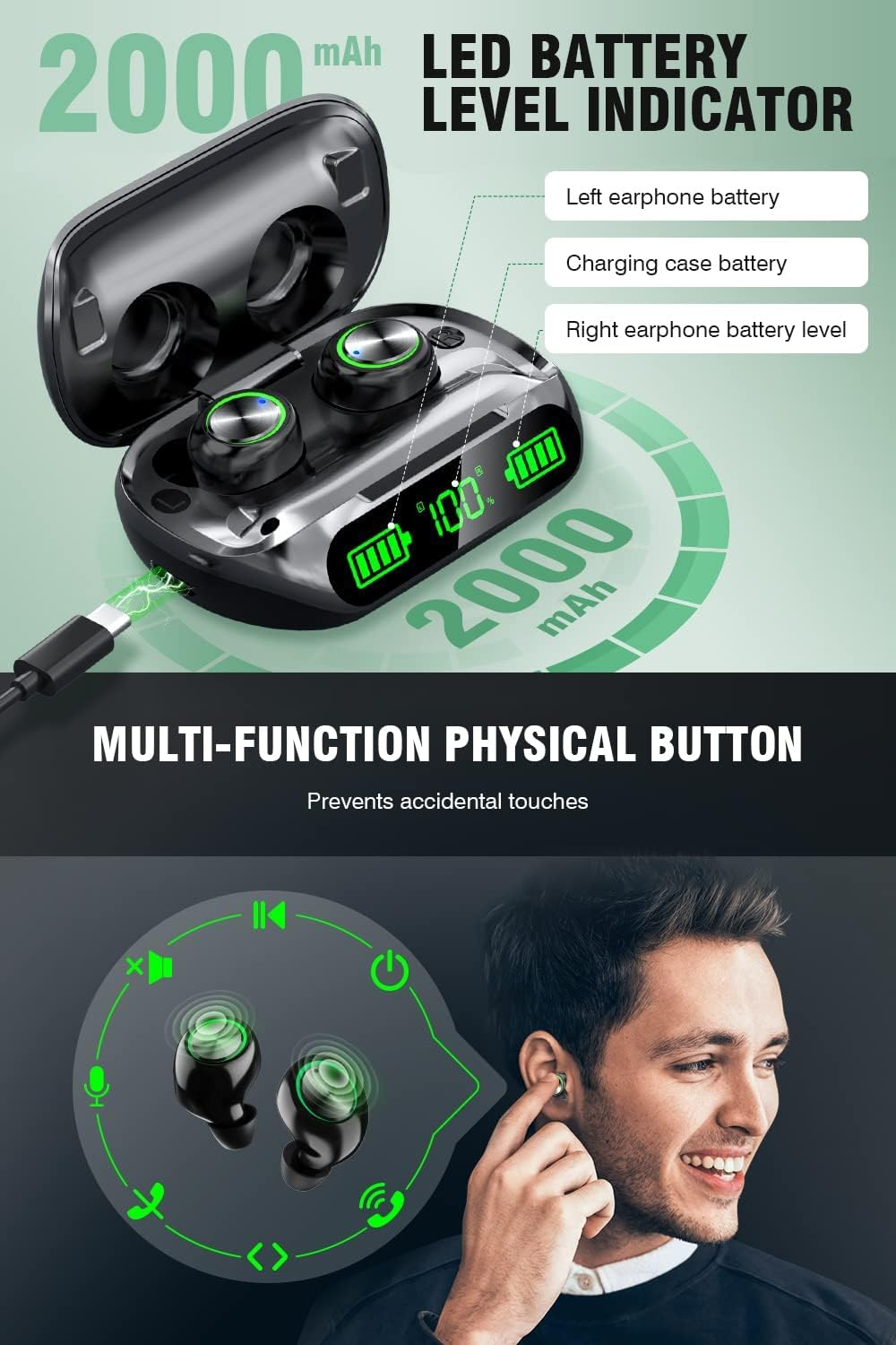 Wireless Earbuds Bluetooth Headphones,Led Power Display/50H Play Time/Button Control/Ip6 Waterproof TWS Earphones In-Ear W/Hd Mic Hi-Fi Stereo Sound Headsets for Sports image number 5