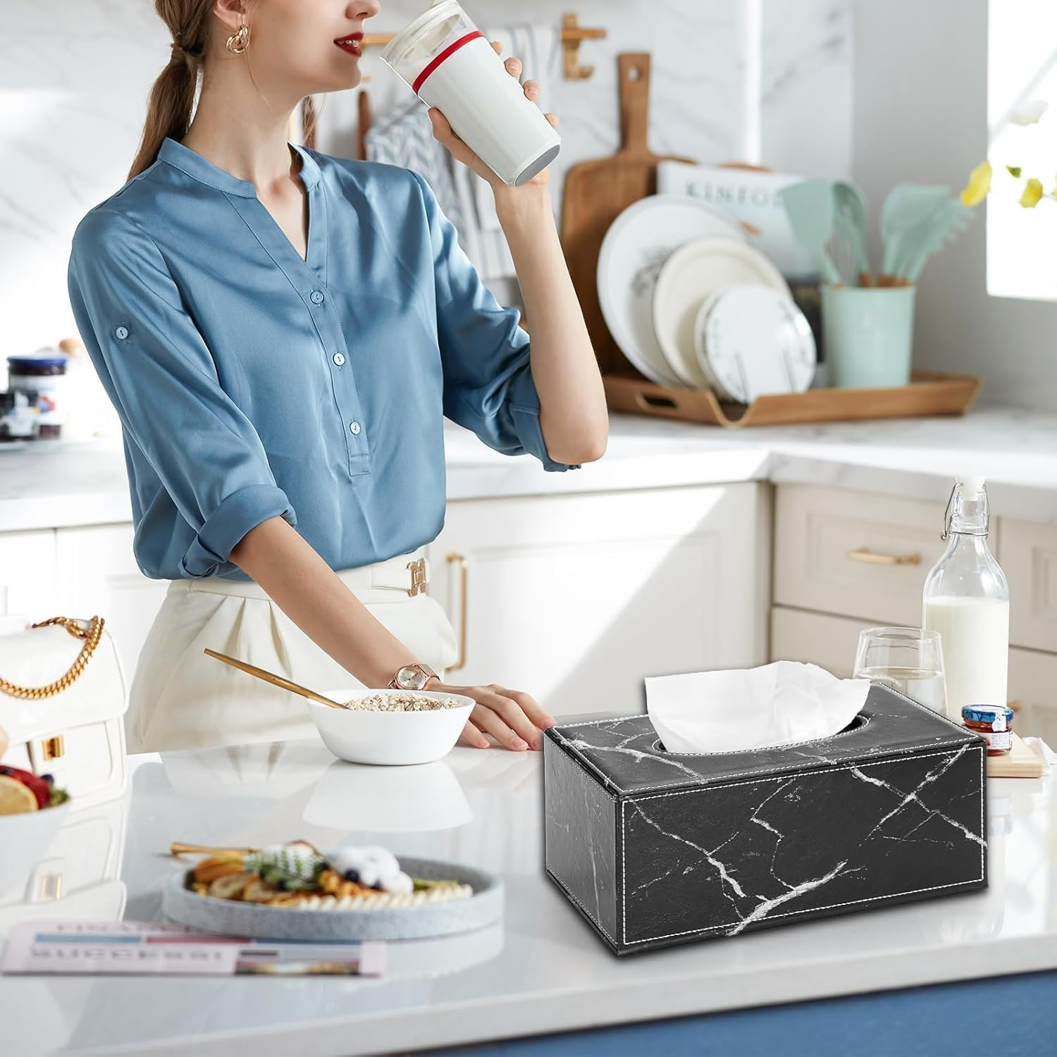 Stylish PU Leather Tissue Box Holder, Rectangular Napkin Holder Pumping Paper Case Dispenser, Facial Tissue Holder for Home Office Car Automotive Decoration (Black, One Size) image number 4