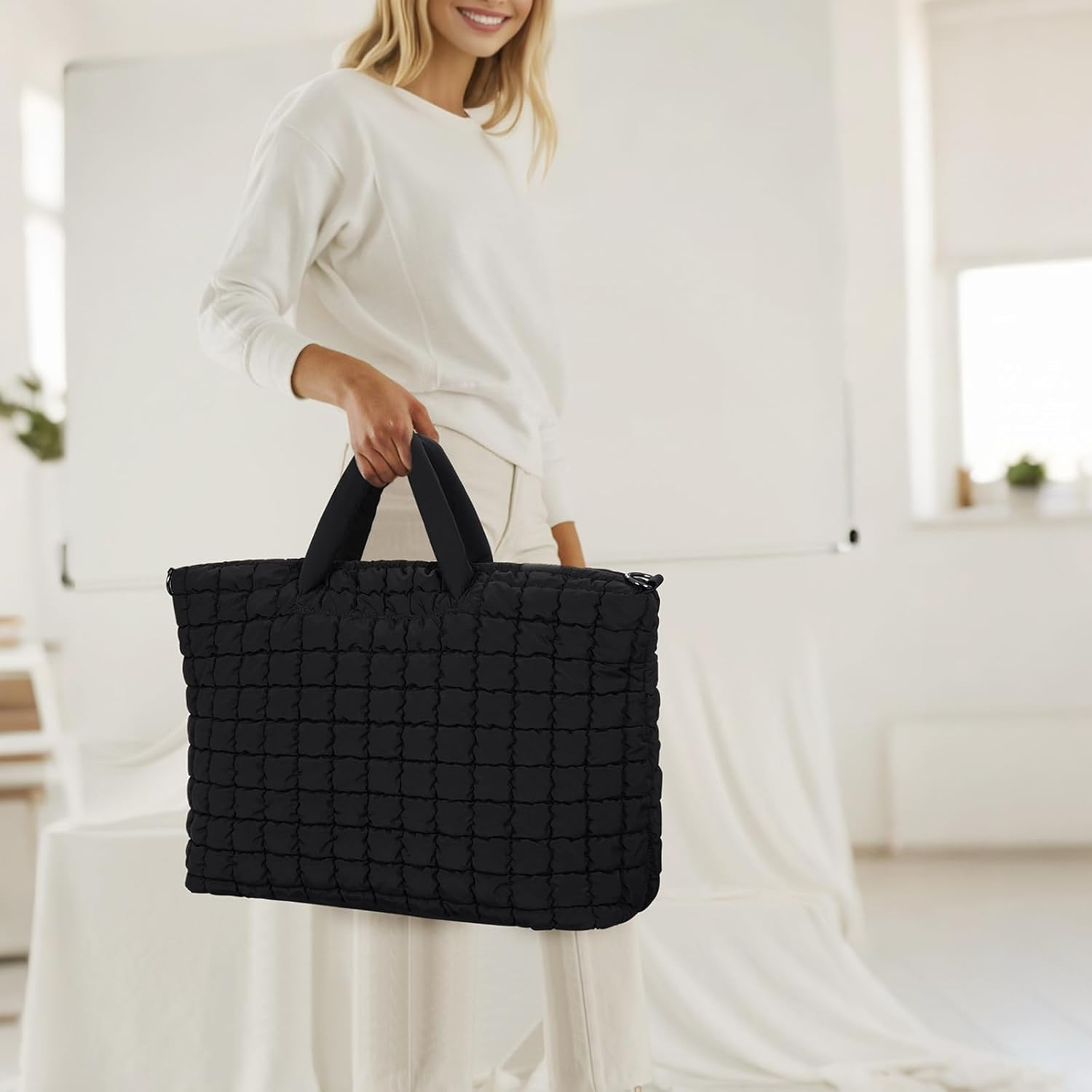 ANKICK Quilted Duffle Bag for Travel, Large Puffer Duffel Weekender Bags Soft Gym Tote, Big Puffy Carry on Luggage Overnight, Black, Contemporary - Beige image number 5