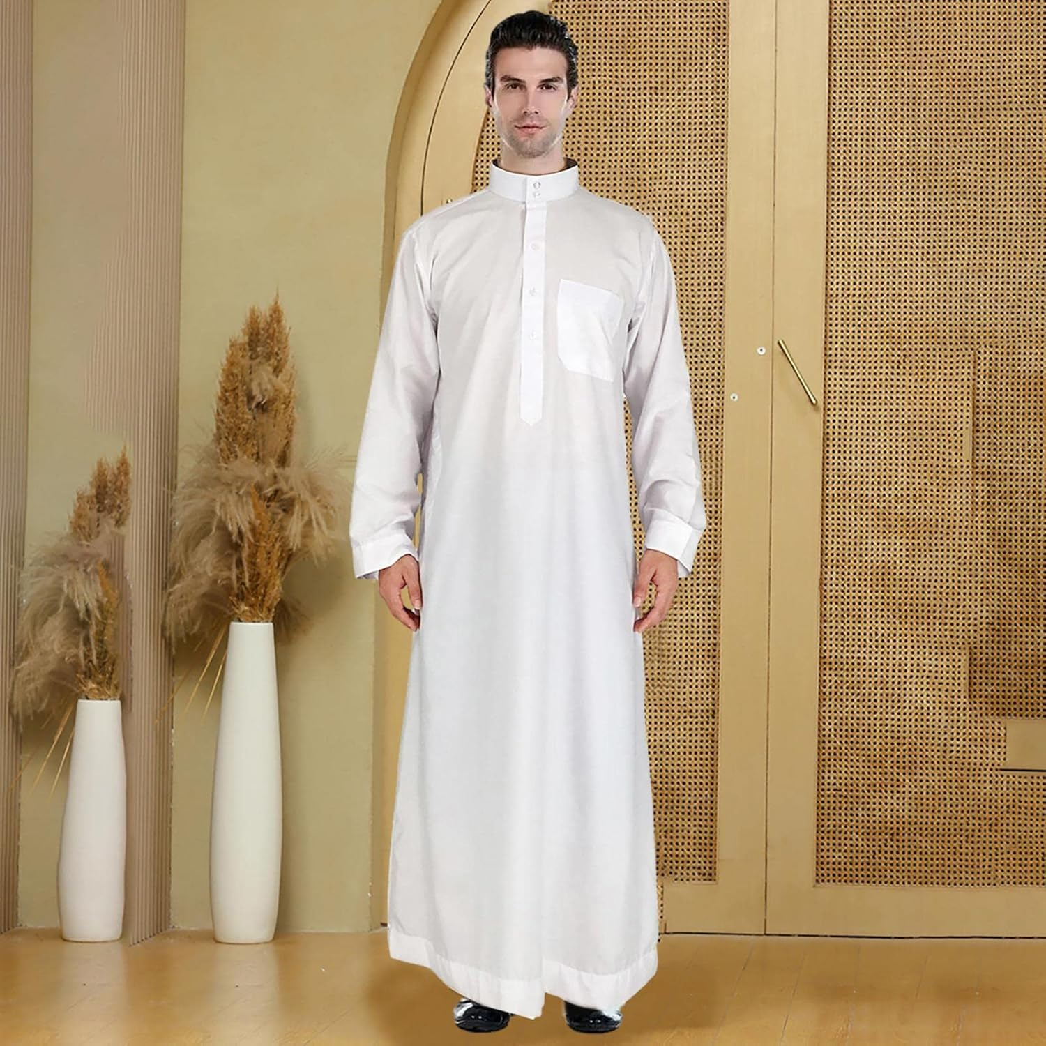 Men'Clothing Thobe - Men'S Casual Solid Saudi Arabic Thobe,Crew Stand Collar Kaftan Robe with Button for Beach, - 56（L） image number 4