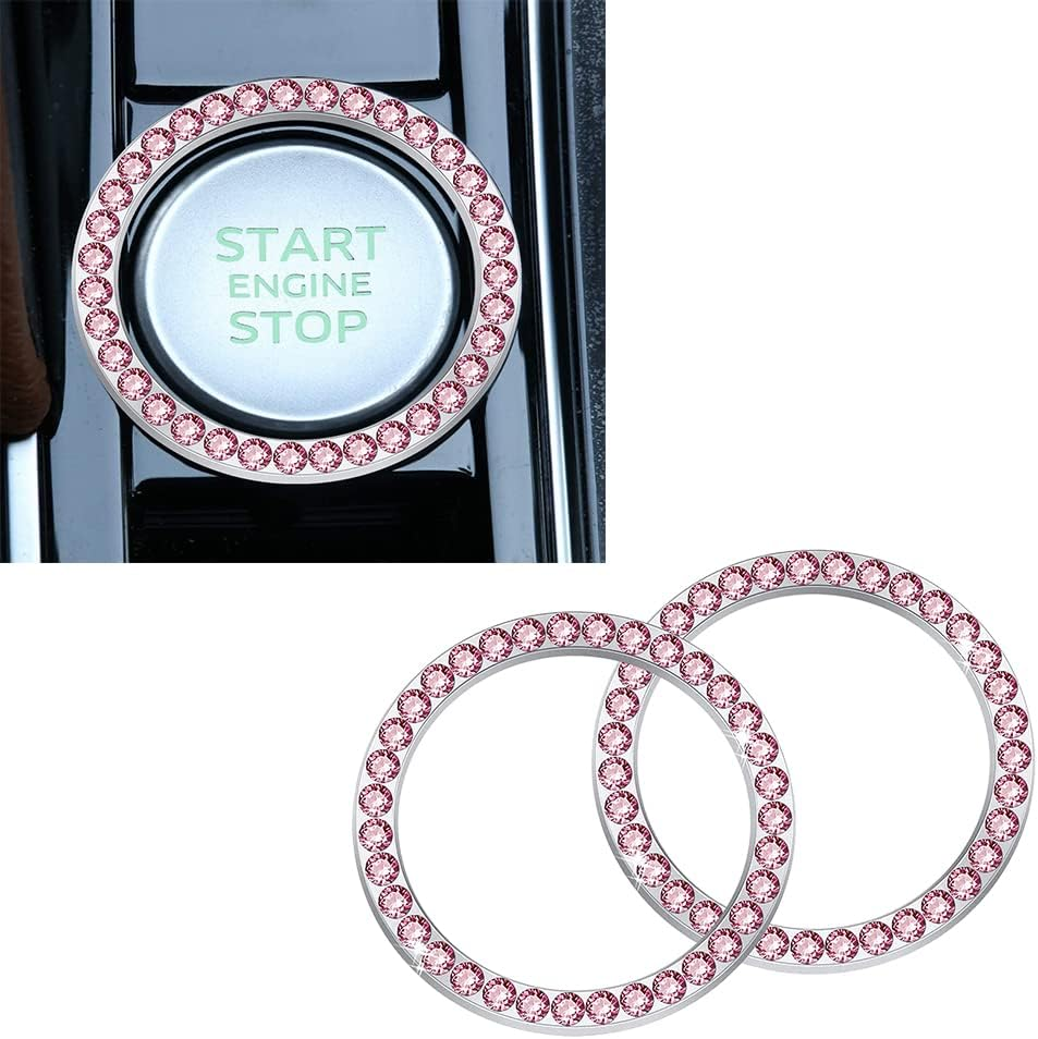 4PCS Sets Pink Bling Car Cup Holder Coasters for Car & Shiny Pink Push to Start Button Cover Key Ignition Ring Universal Auto Cute Pink Car Accessories Interior Decor for Women - Blue image number 6