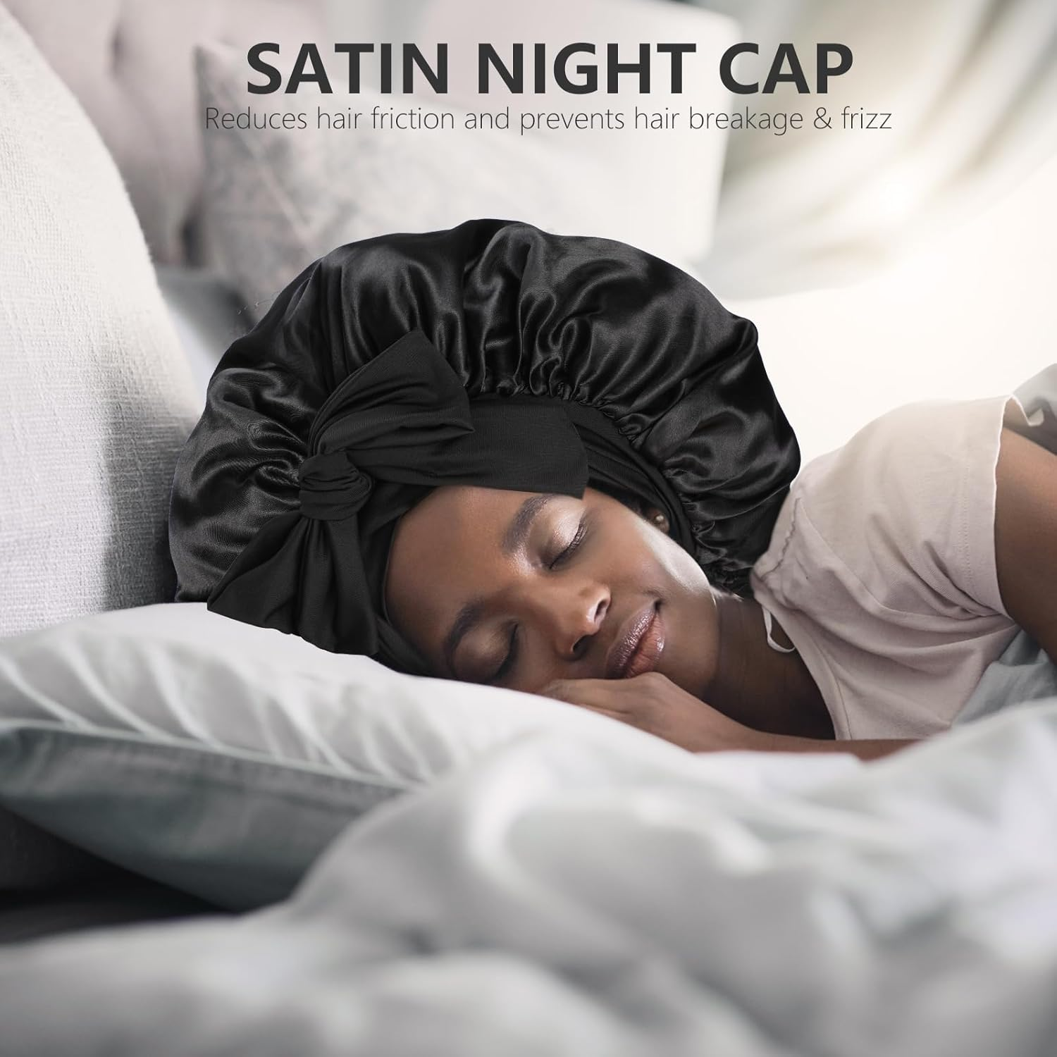 Bigqin Satin Bonnet Silk Bonnet for Sleeping, 2 Pack Hair Bonnet Night Sleep Cap with Tie Band Head Wrap Bonnets for Women and Girls Curly Natural Hair, Black & Pink image number 1