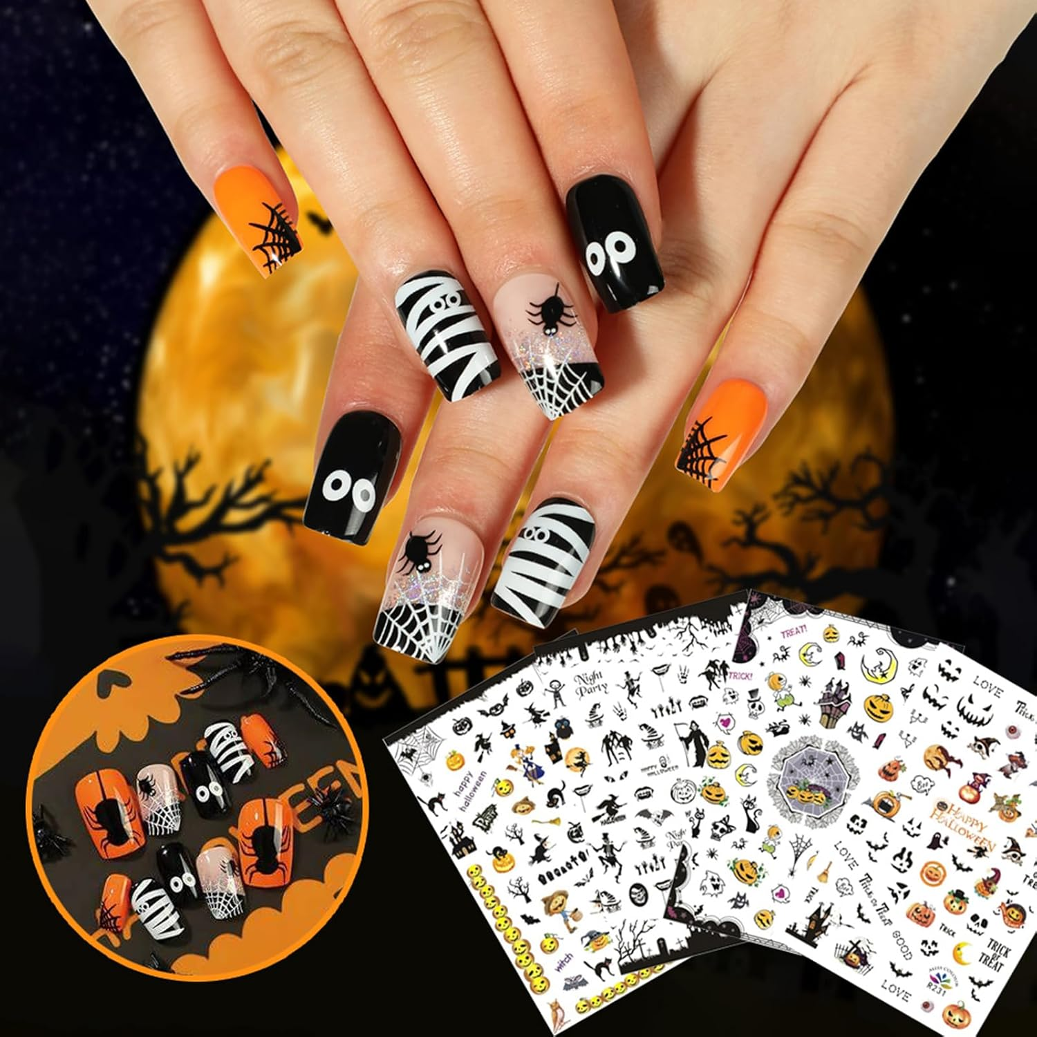 840 Pcs Halloween Nail Art Stickers, 12 Sheets Self-Adhesive DIY Nail Decorations for Halloween Party image number 1