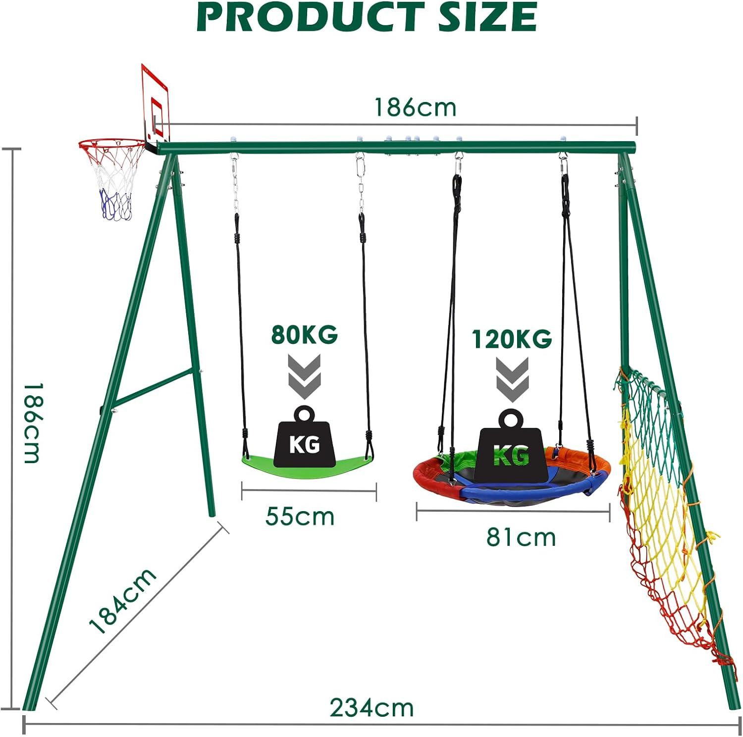 CYFIE 5-In-1 Swing Set for Kids Heavy-Duty Metal Swing Stand Outdoor Playground Equipment W/2 Swings Basketball Hoop, Football Gate for Outdoor Backyard, up to 440.1Lbs (200Kg) Weight Capacity image number 4