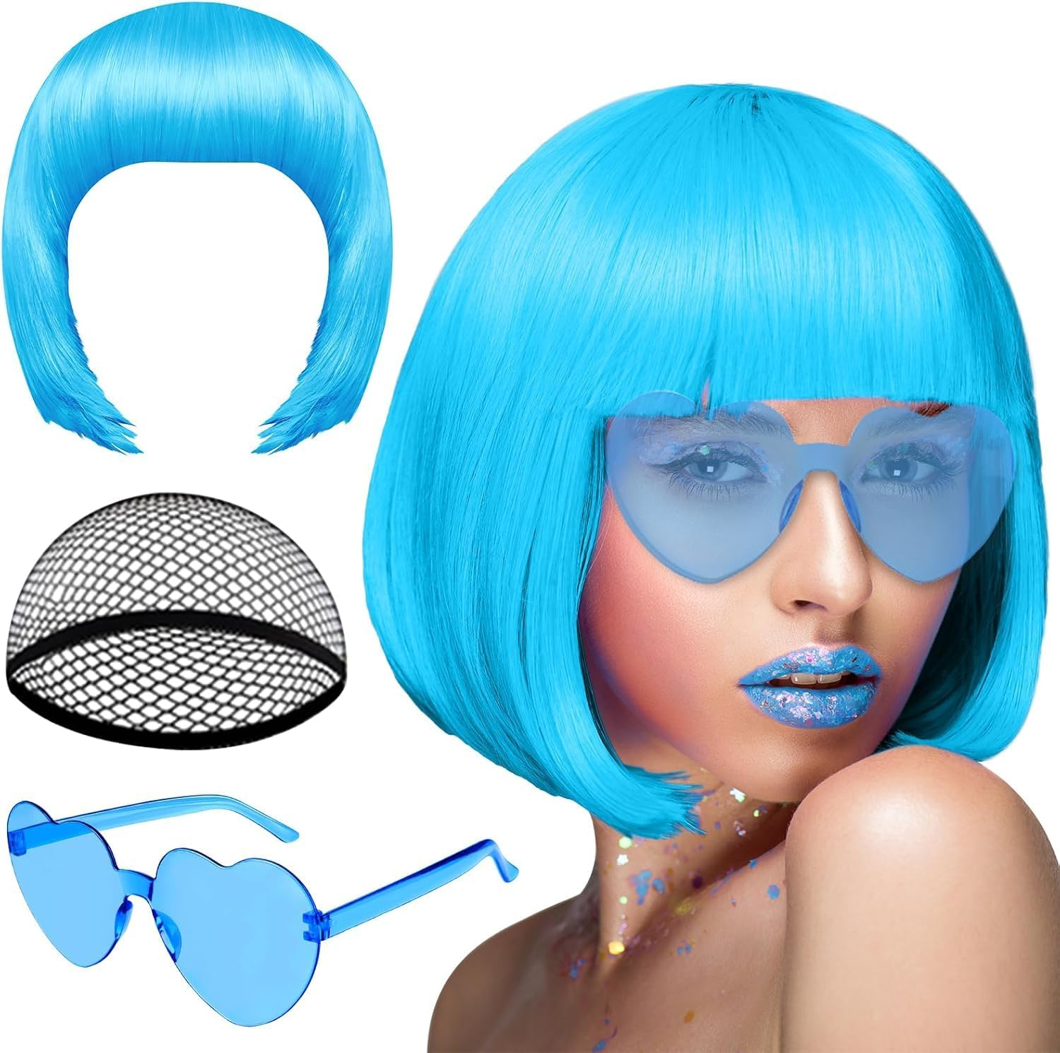 HENWUBEI Sky Blue Bob Wig,Sky Blue Wigs for Women with Double Heart Sunglasses and W-Ig Net Bag,Colourful Wig Perfect for Cosplay, Party, Hall-Oween,Fashionable and Comfortable image number 5